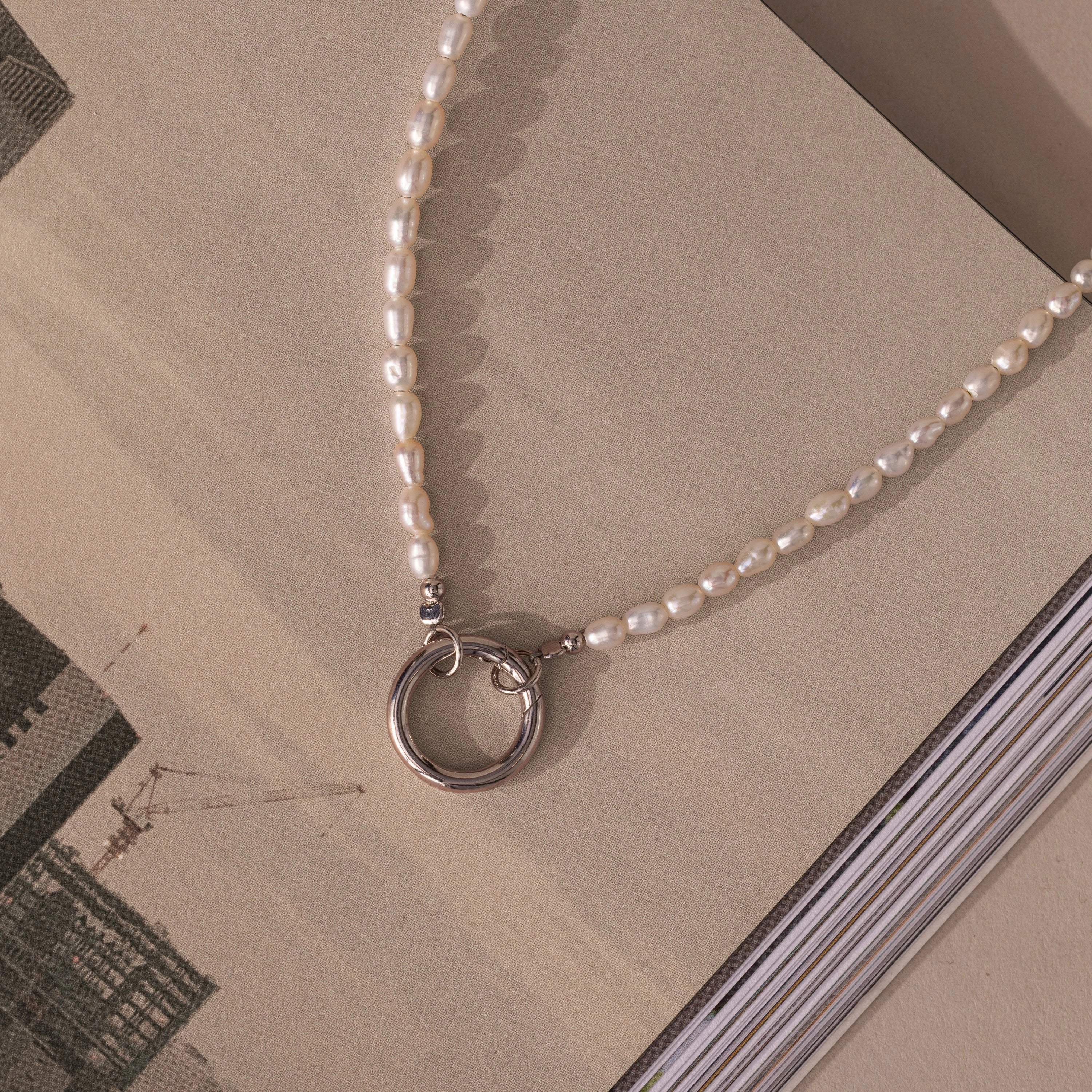 Pearl Chain Clasp Necklace Silver 18K Gold Plated