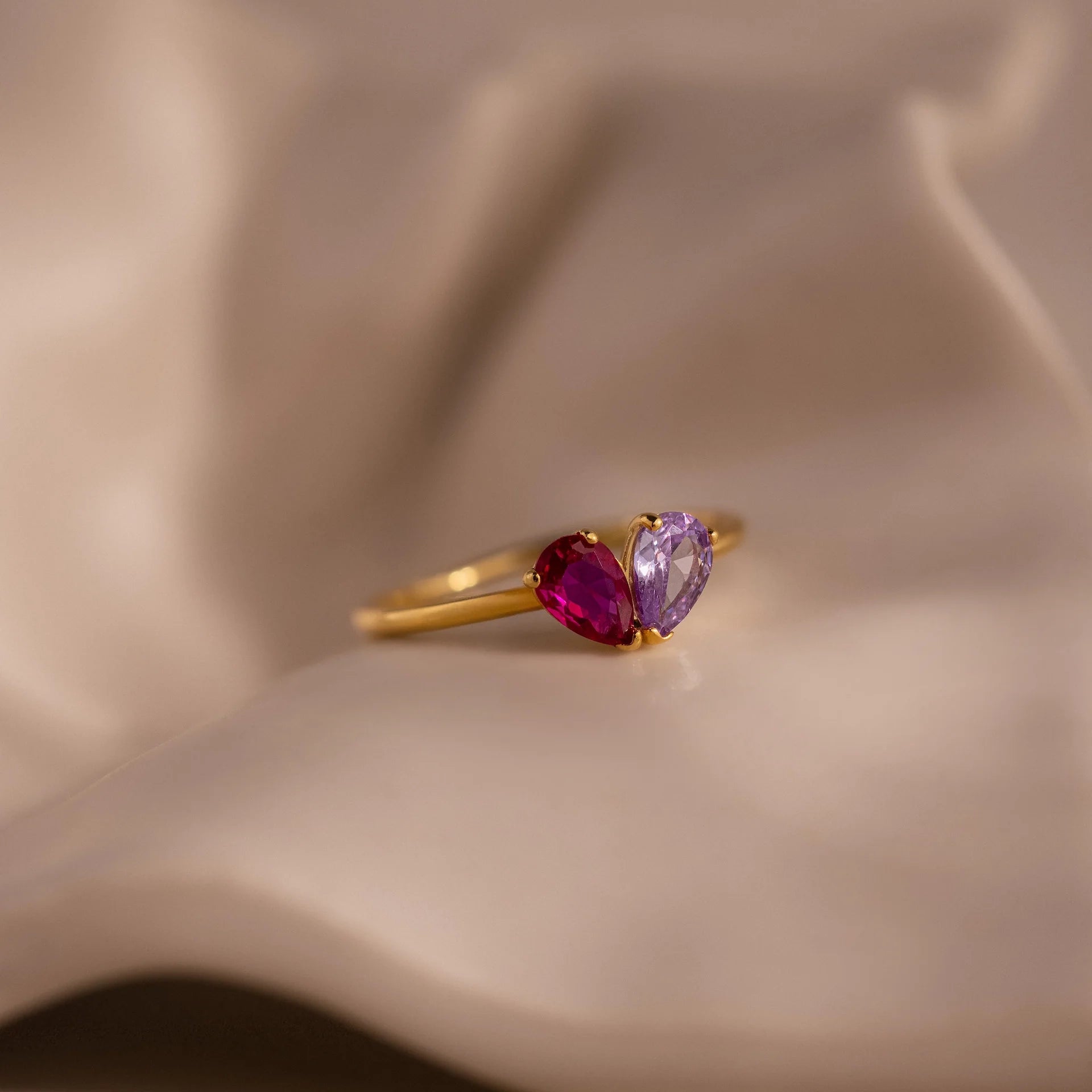 Toi et Moi Teardrop Heart Ring Silver 18K Gold Plated