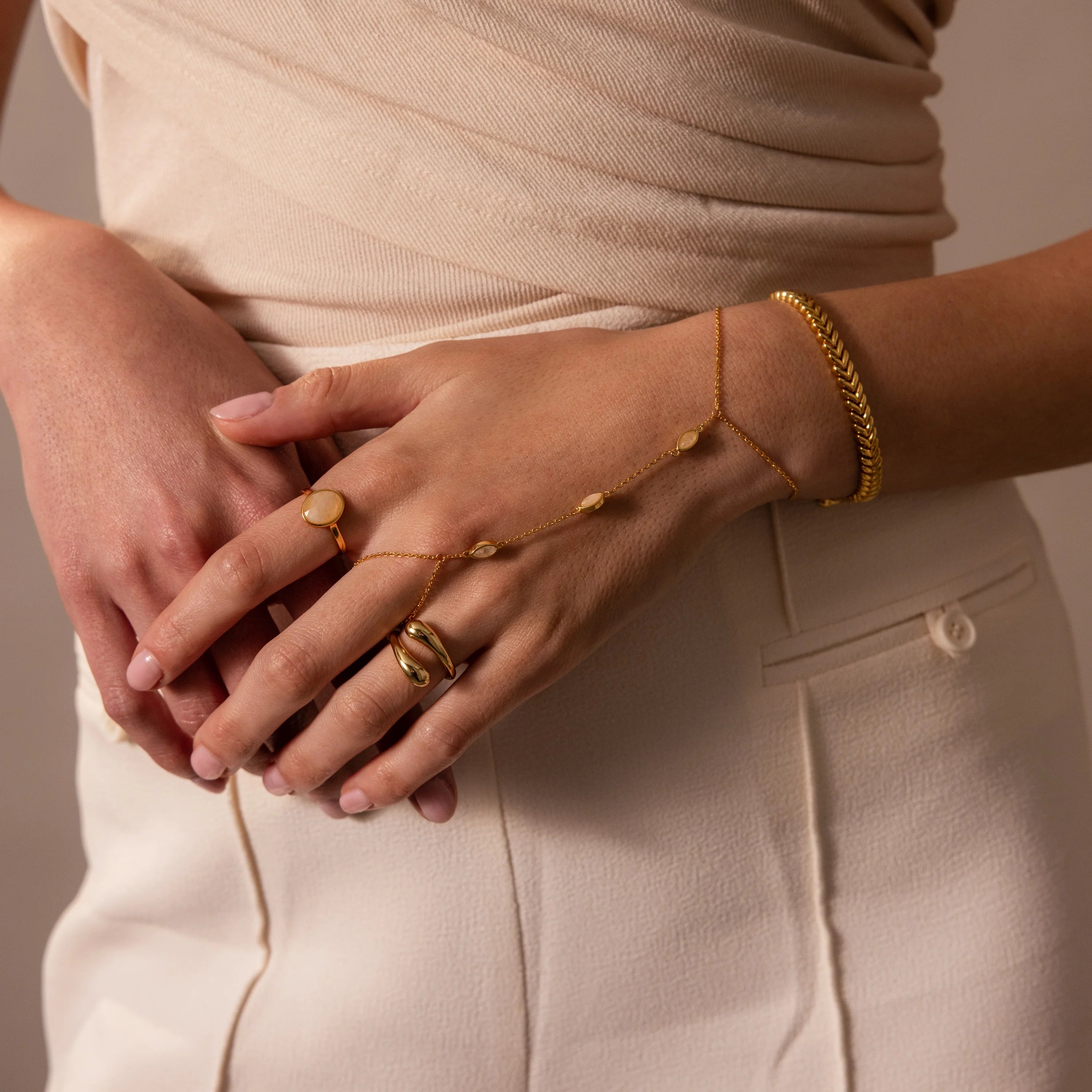 Moonstone Hand Ring Chain Bracelet Silver 18K Gold Plated