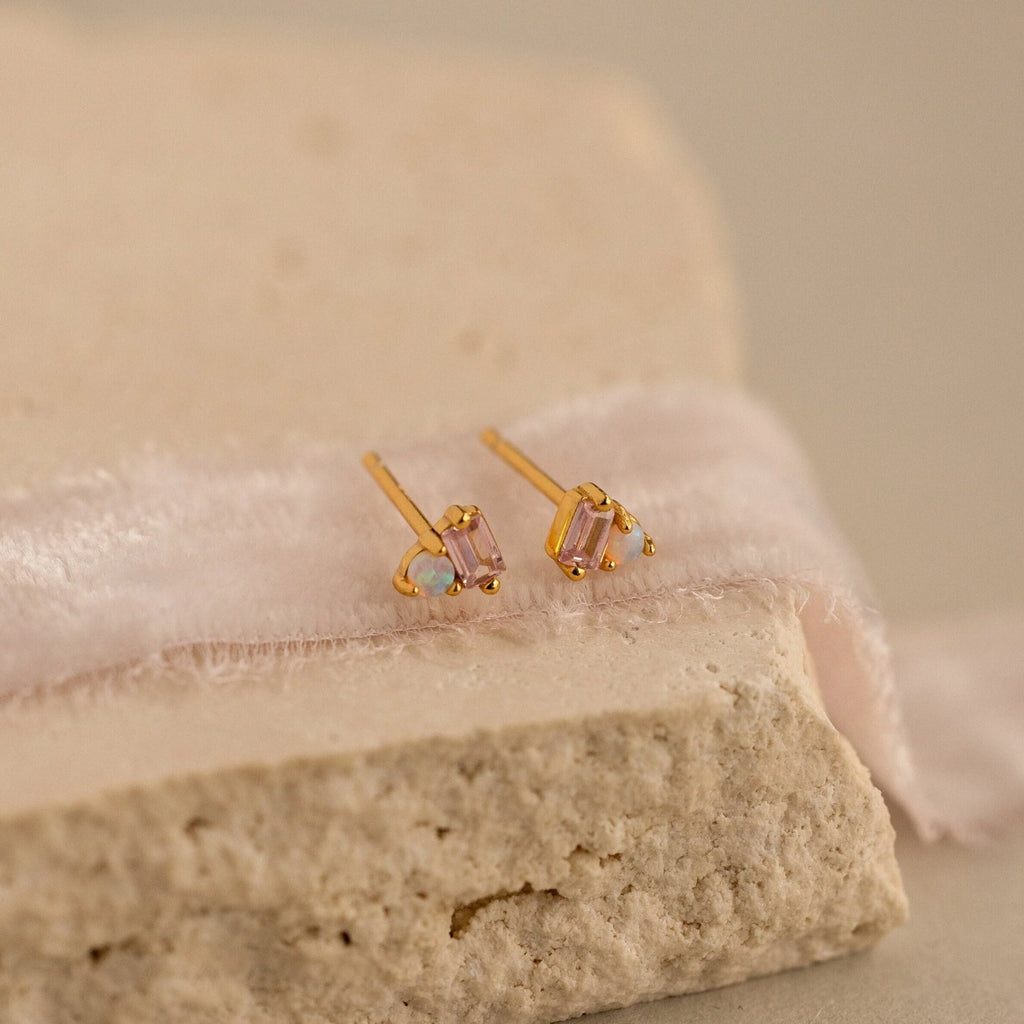 Pink Baguette Opal Studs Silver 18K Gold Plated