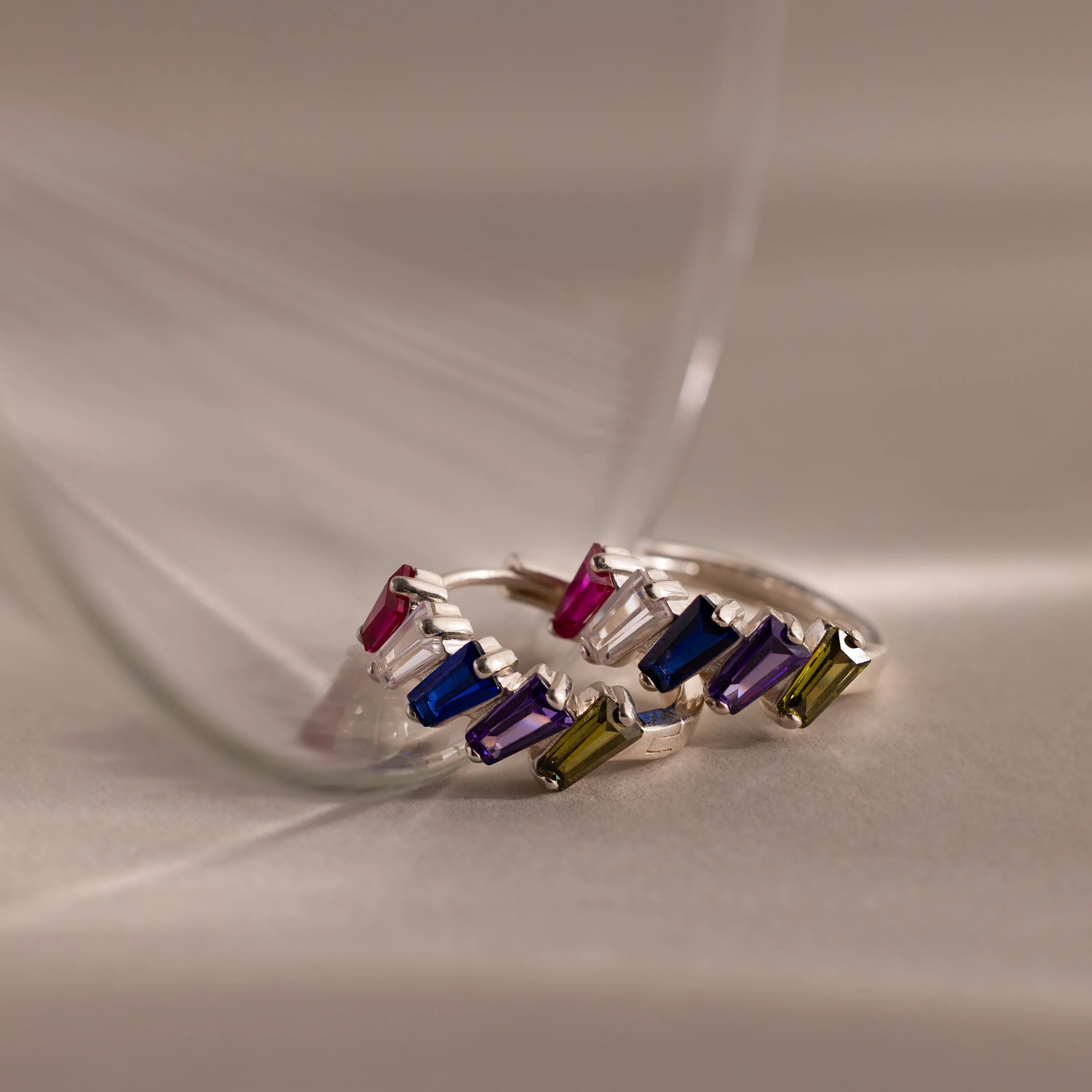 Multiple Tapered Birthstone Huggies Silver 18K Gold Plated
