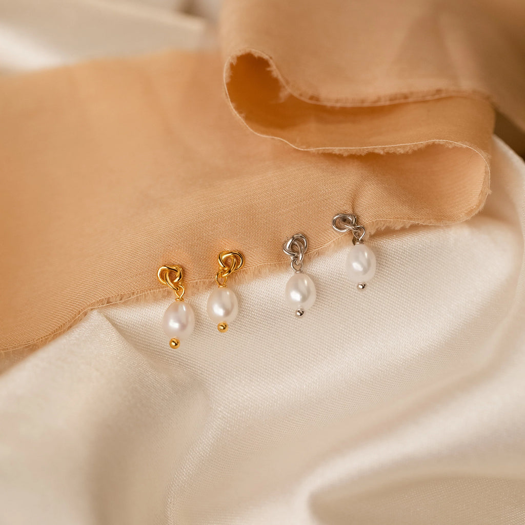 Dainty Knot Pearl Earrings Silver 18K Gold Plated