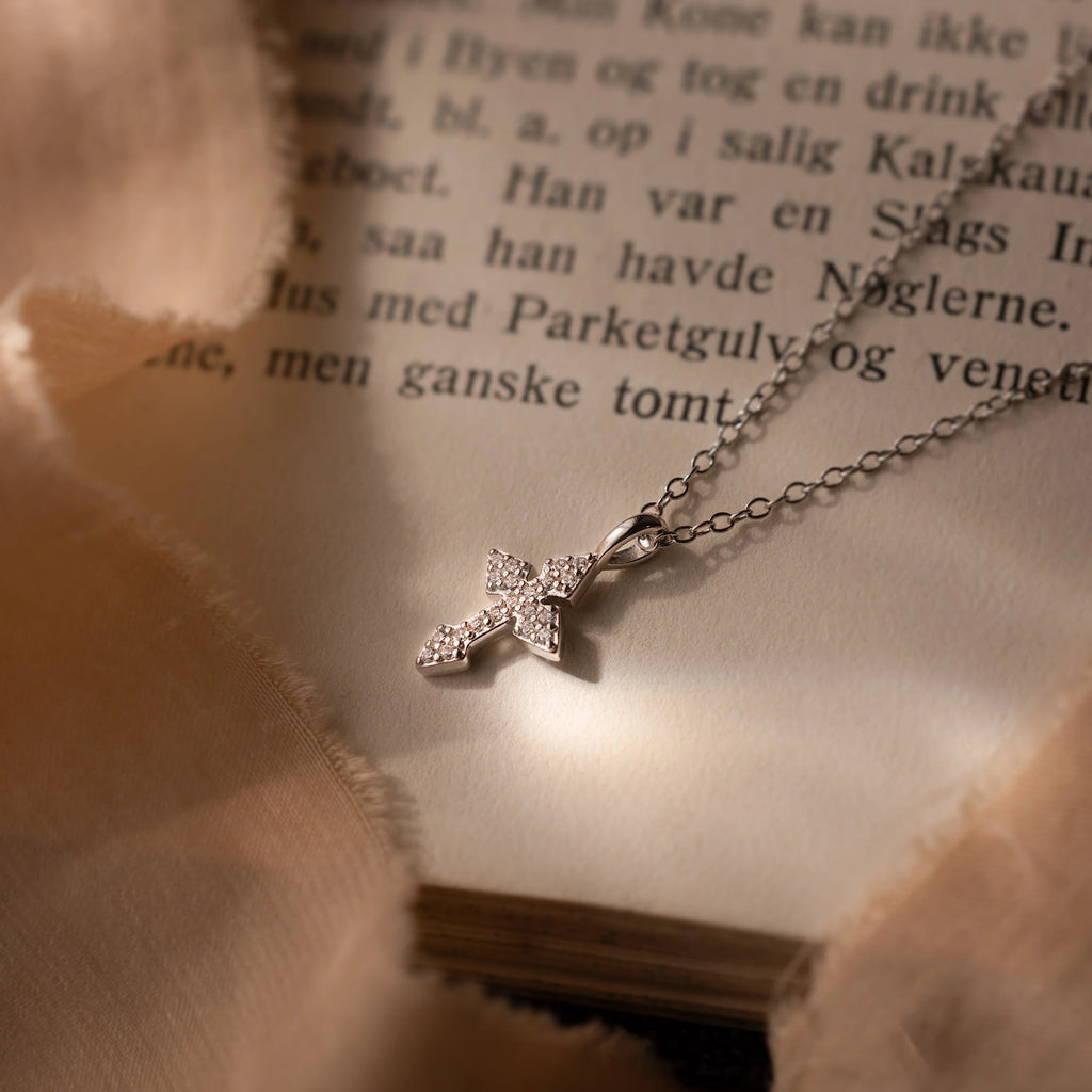 Diamond Vintage Cross Necklace Silver 18K Gold Plated