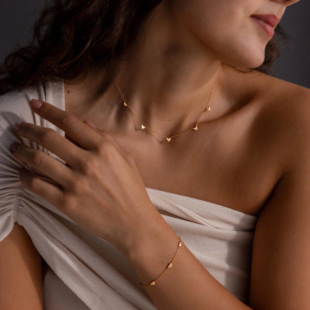 Heart Station Necklace & Bracelet Set Silver 18K Gold Plated