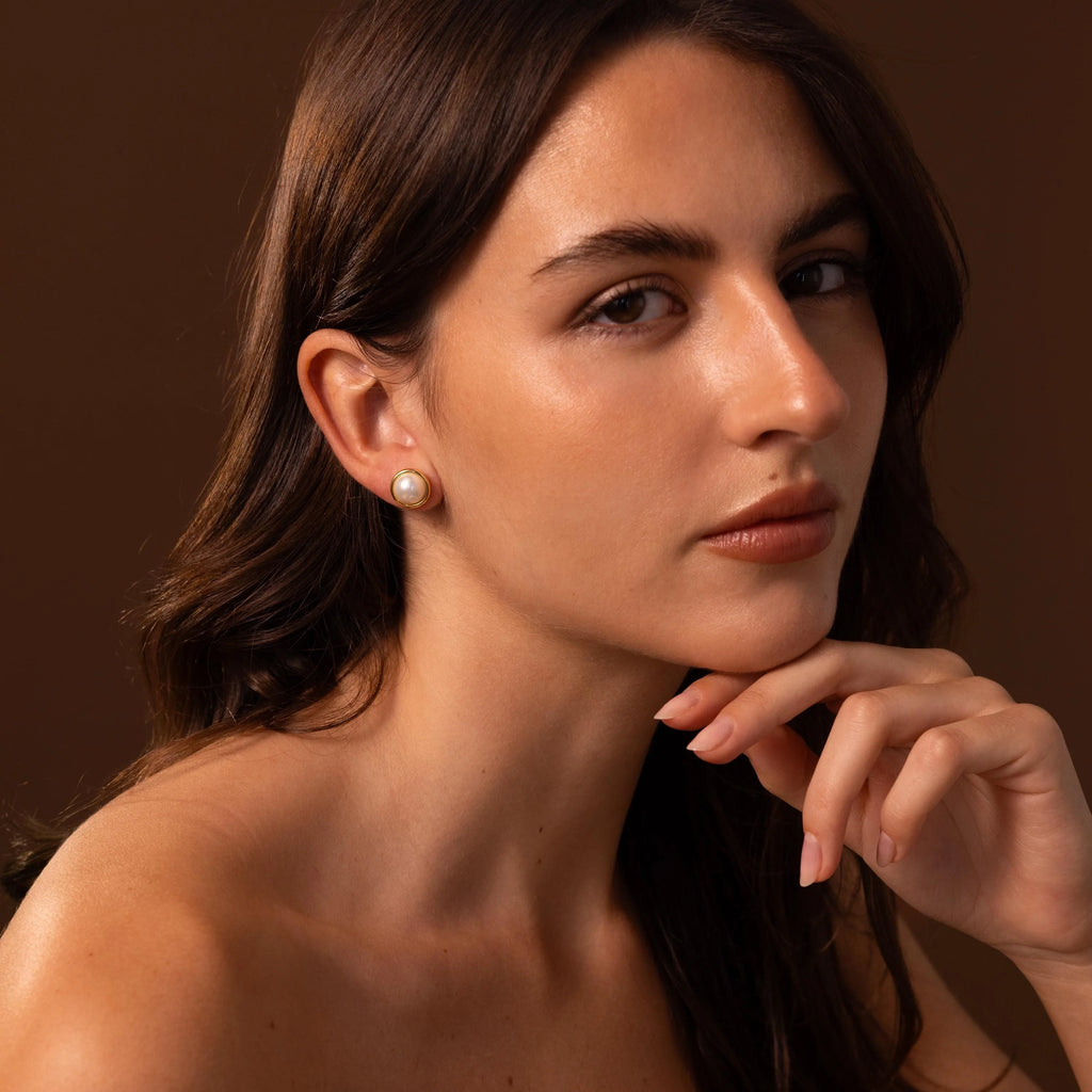 Pearl Bezel Studs Silver 18K Gold Plated