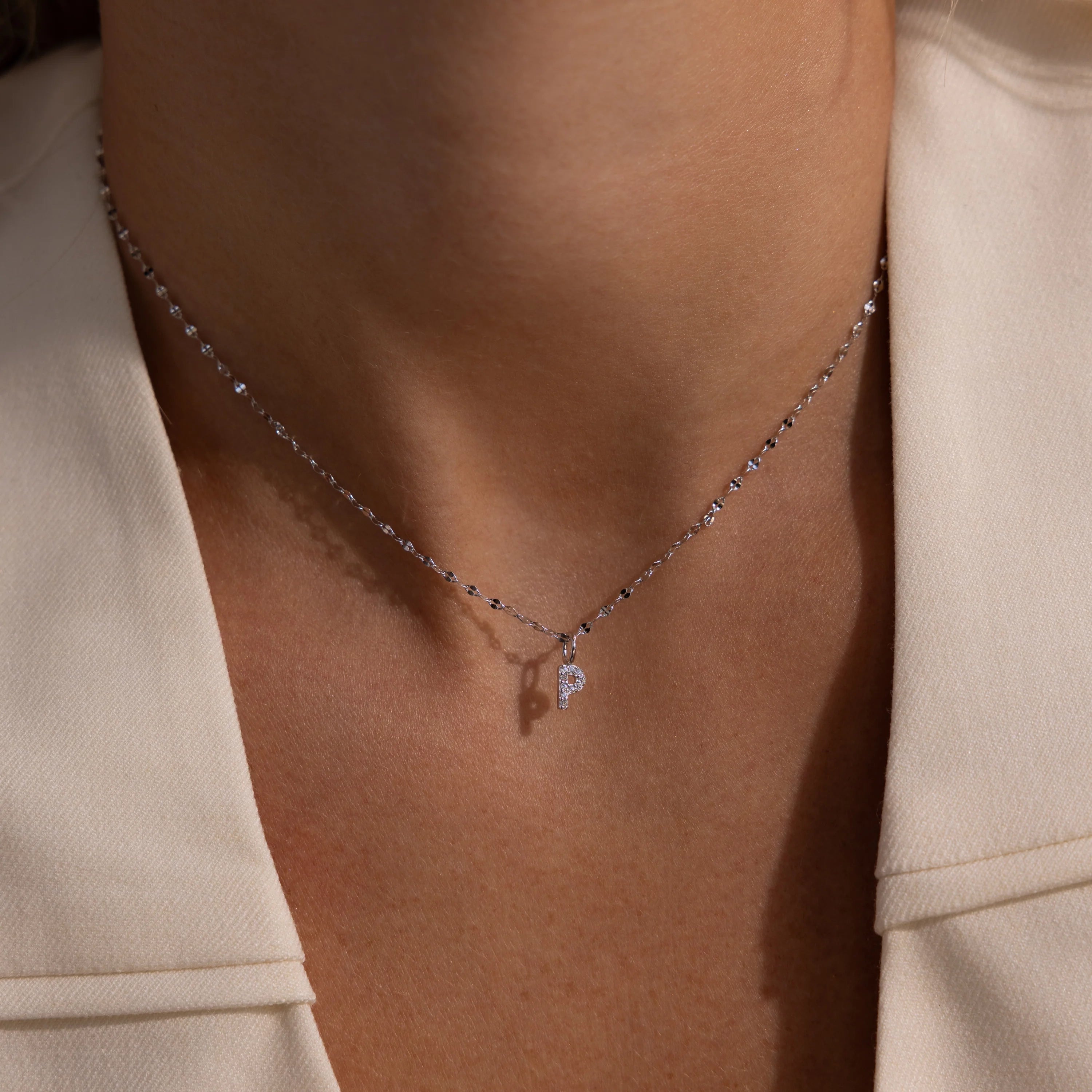 Dainty Pave Letter Necklace Silver 18K Gold Plated