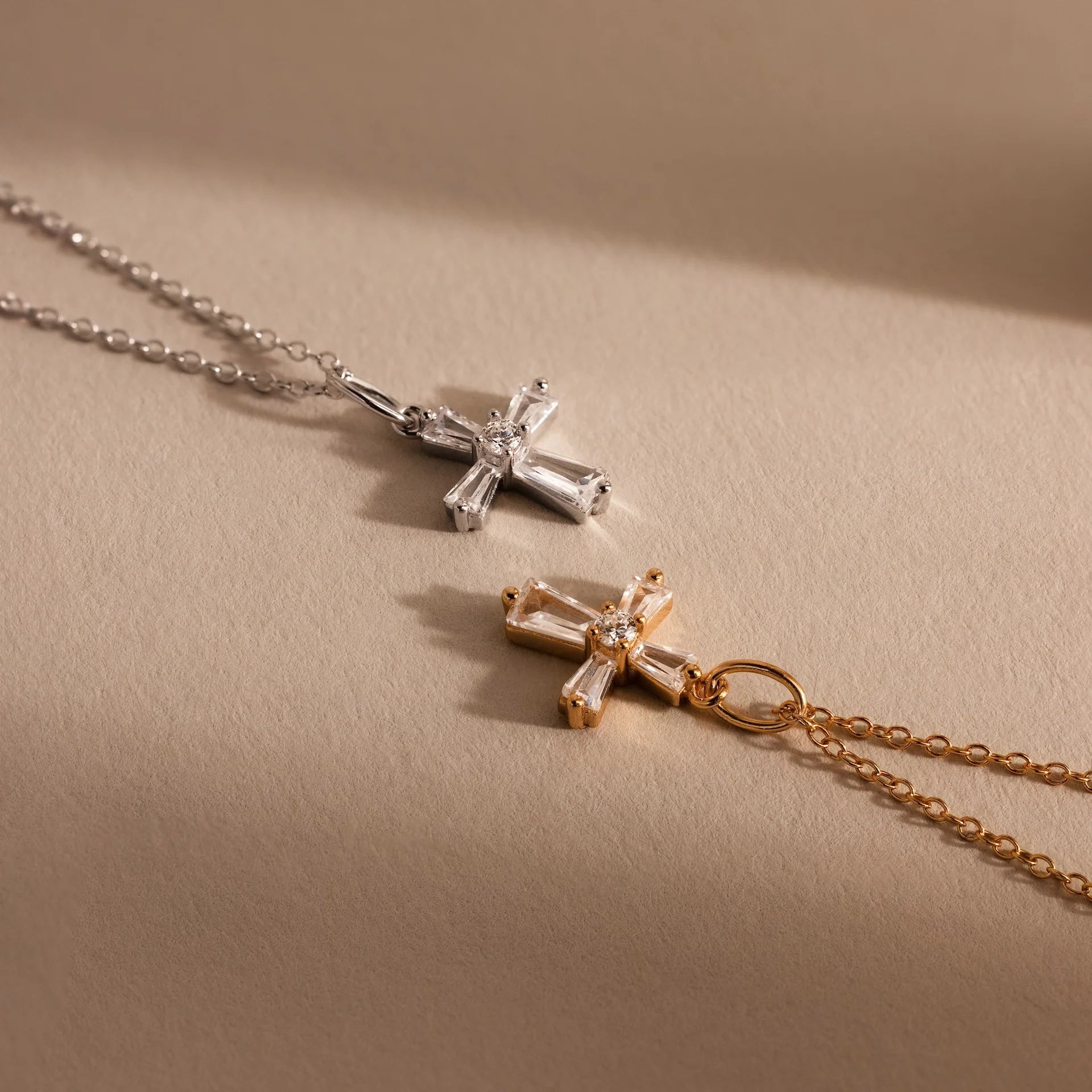 Diamond Pavé Art Deco Cross Necklace Silver 18K Gold Plated
