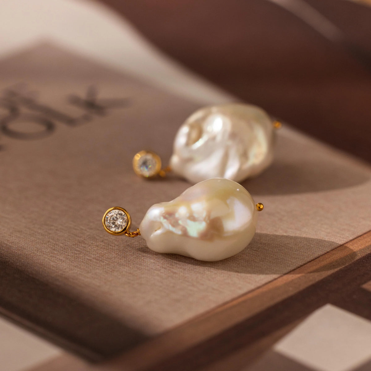 Diamond Baroque Pearl Studs Silver 18K Gold Plated