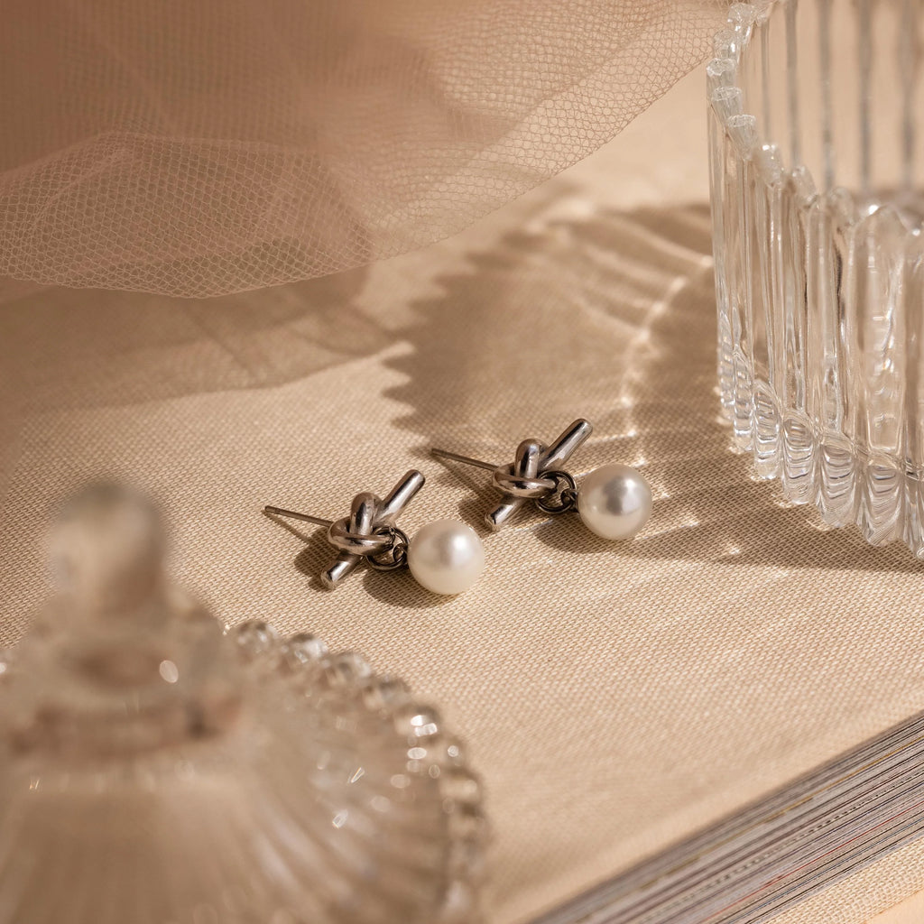 Love Knot Pearl Earrings Silver 18K Gold Plated