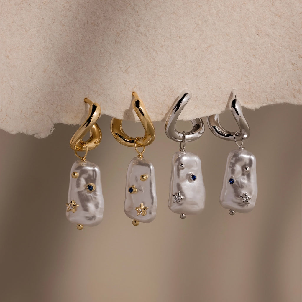 Starry Baroque Pearl Charm Hoops Silver 18K Gold Plated