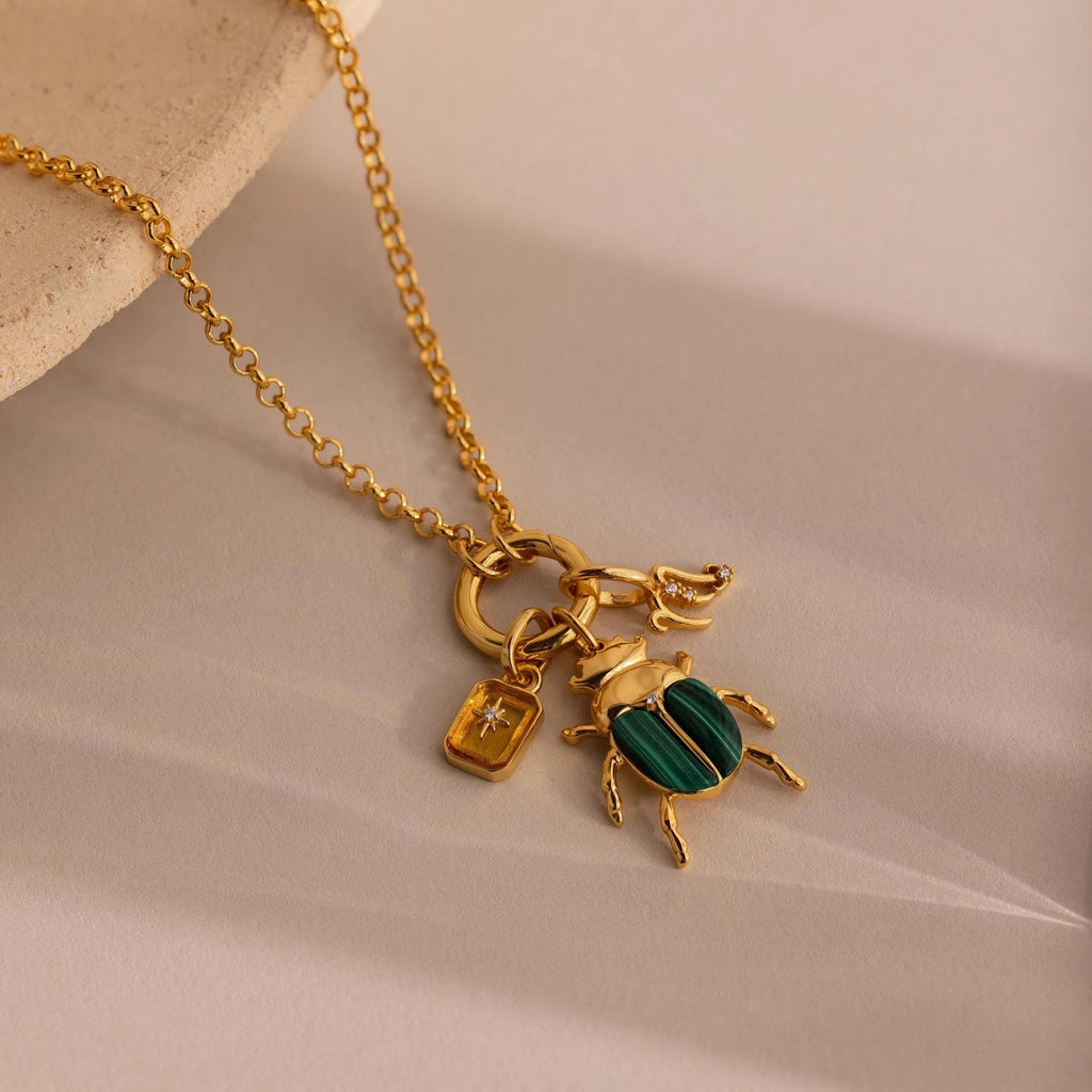 Malachite Beetle Charm Silver 18K Gold Plated