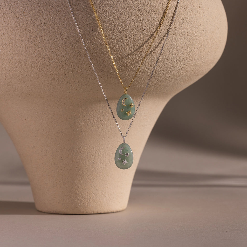 Diamonds Celestial Aventurine Pendant Necklace Silver 18K Gold Plated