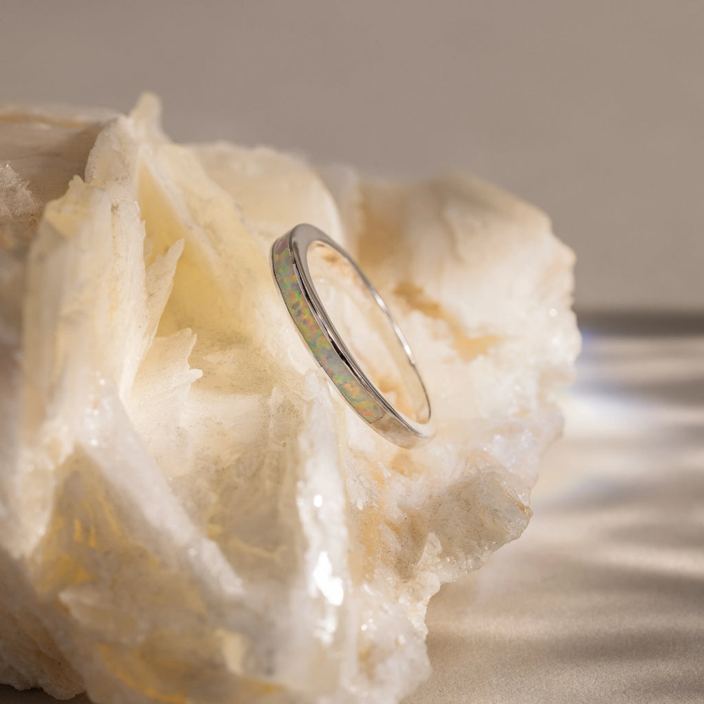White Opal Inlay Band Silver 18K Gold Plated