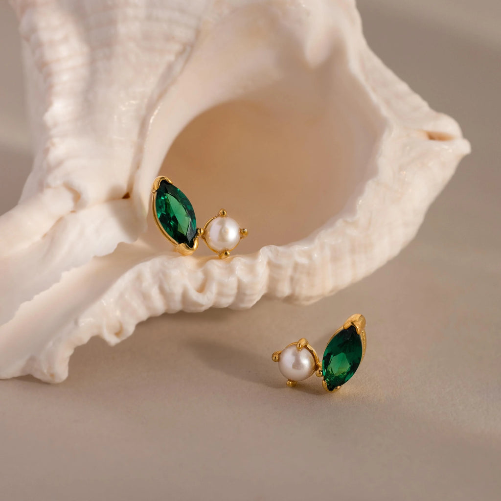 Marquise Emerald Pearl Studs Silver 18K Gold Plated