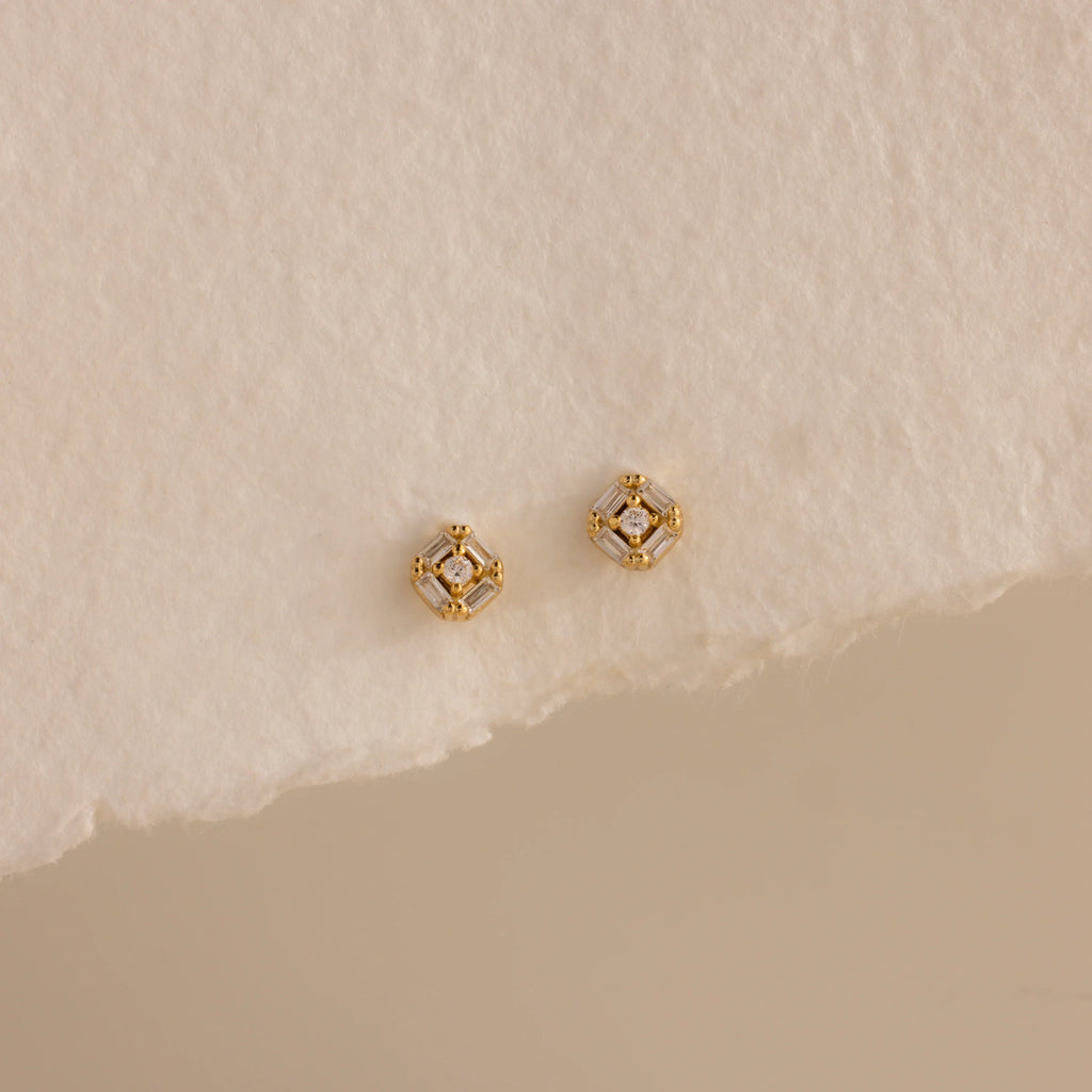 Diamond Art Deco Flatback Studs Silver 18K Gold Plated