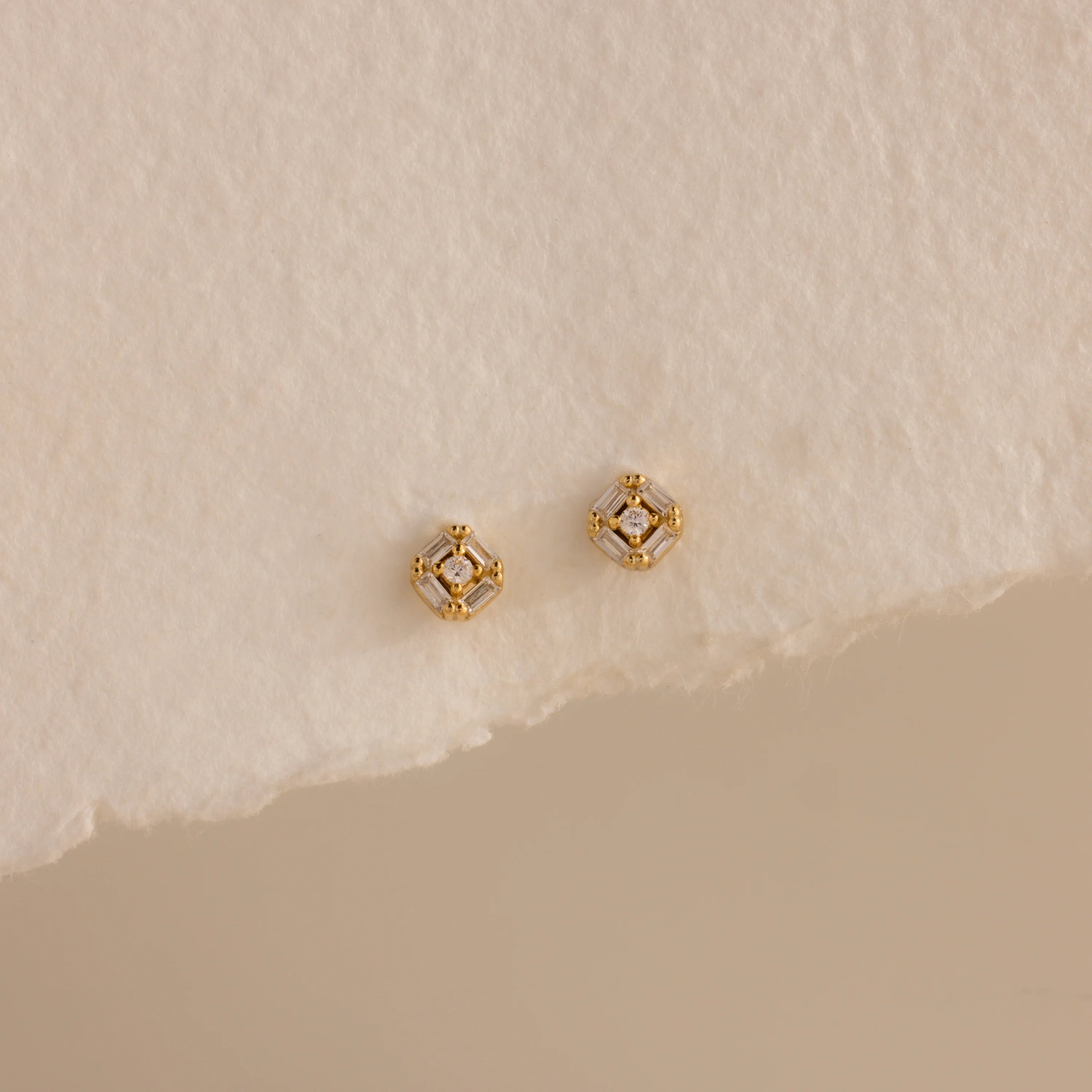 Diamond Art Deco Flatback Studs Silver 18K Gold Plated
