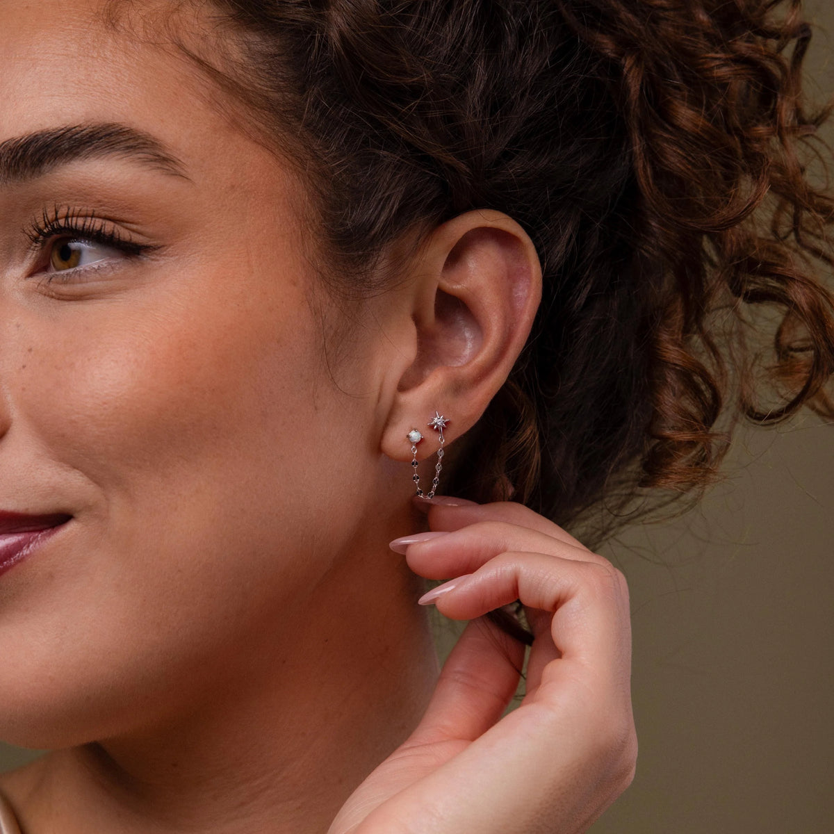 Opal Star Duo Chain Studs Silver 18K Gold Plated