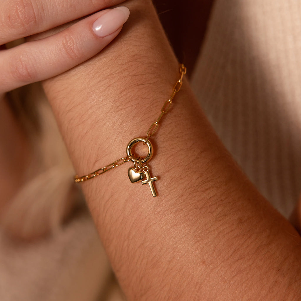 Cross/Heart Charm Rolo Clasp Bracelet Silver 18K Gold Plated