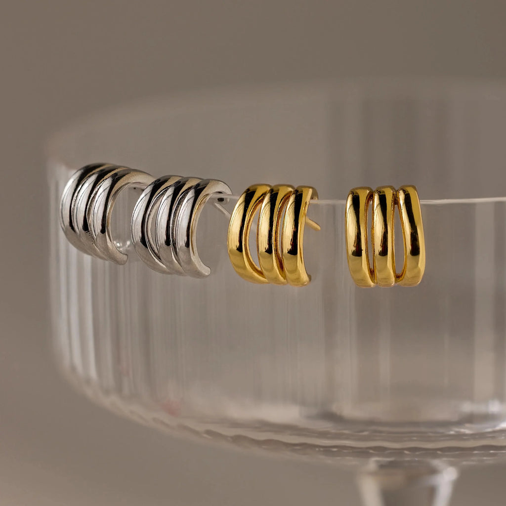 Triple Loop Huggie Earrings Silver 18K Gold Plated