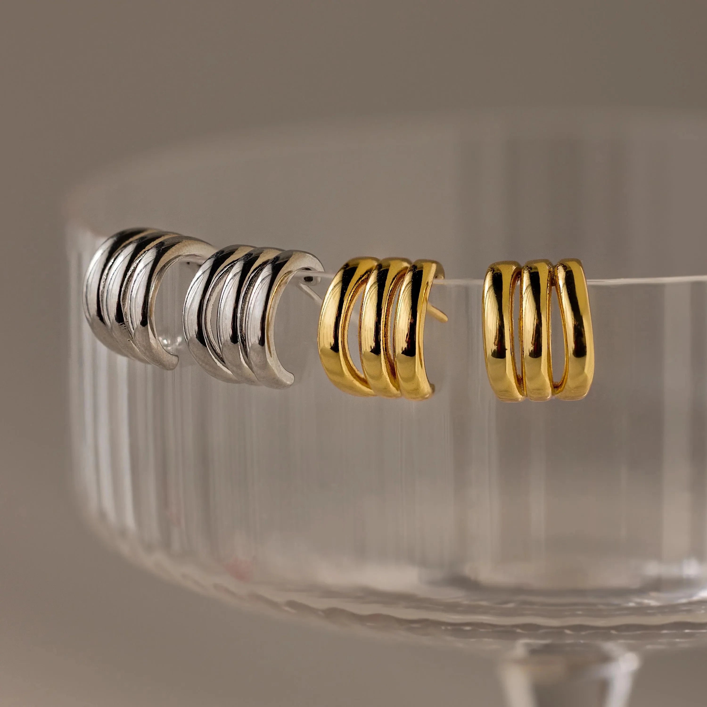 Triple Loop Huggie Earrings Silver 18K Gold Plated