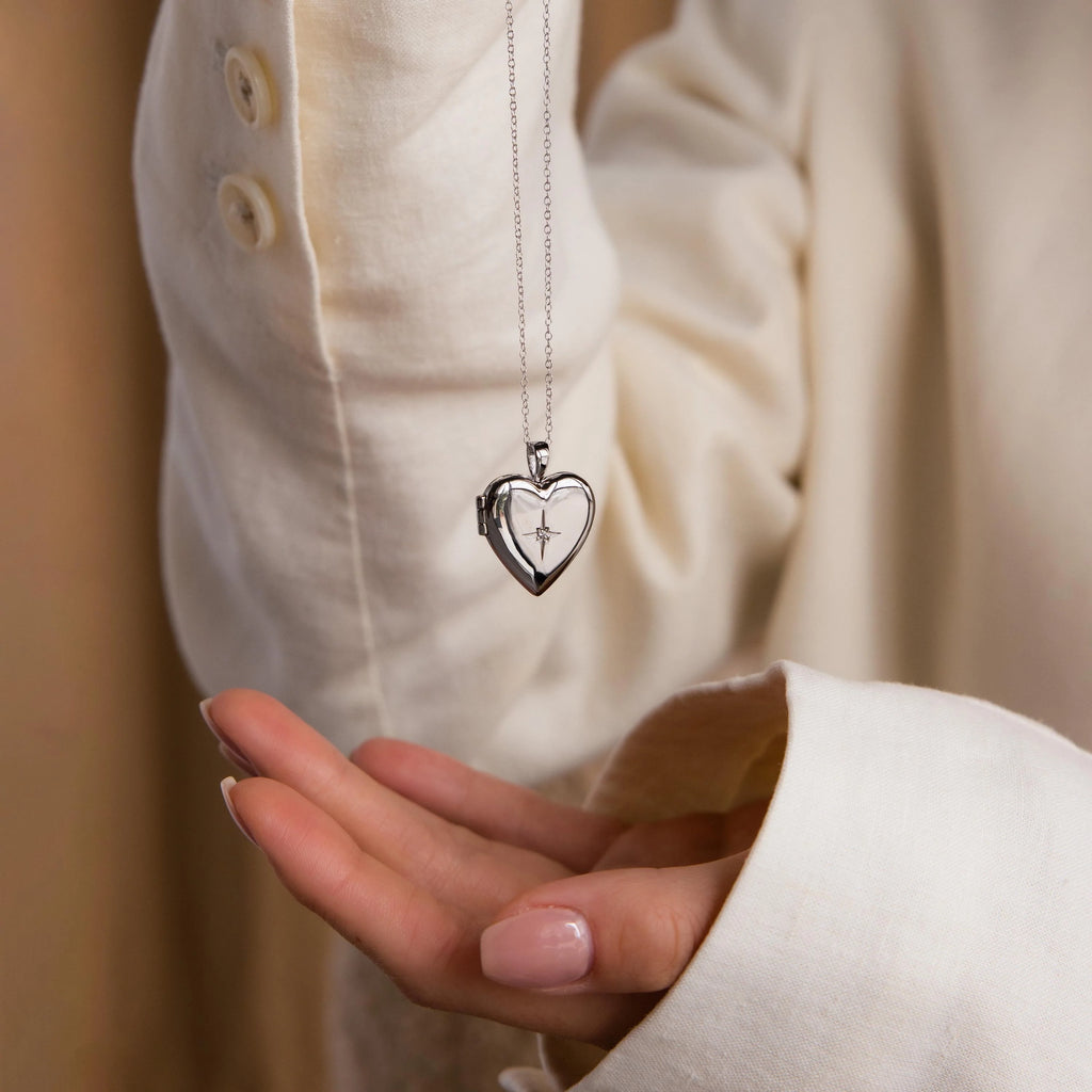 Diamond North Star Heart Locket Necklace Silver 18K Gold Plated