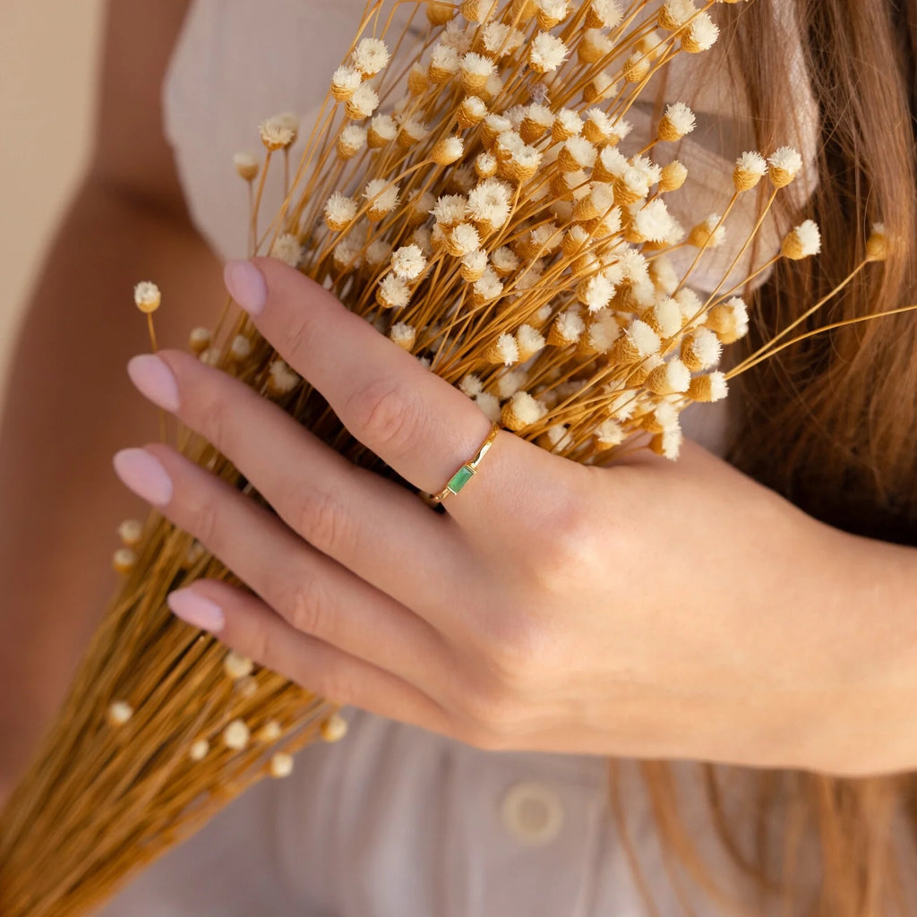 Jade Baguette Ring Silver 18K Gold Plated