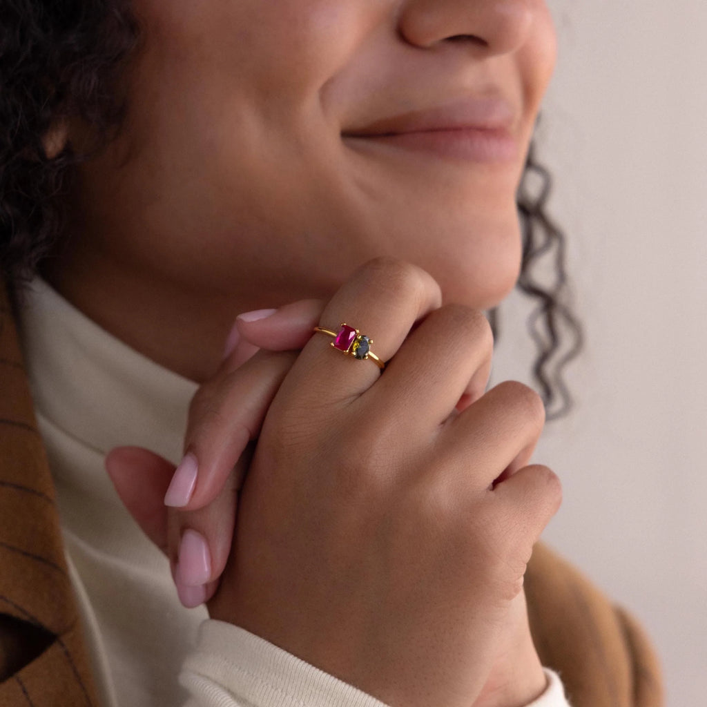 Toi et Moi Oval Birthstone Ring Silver 18K Gold Plated