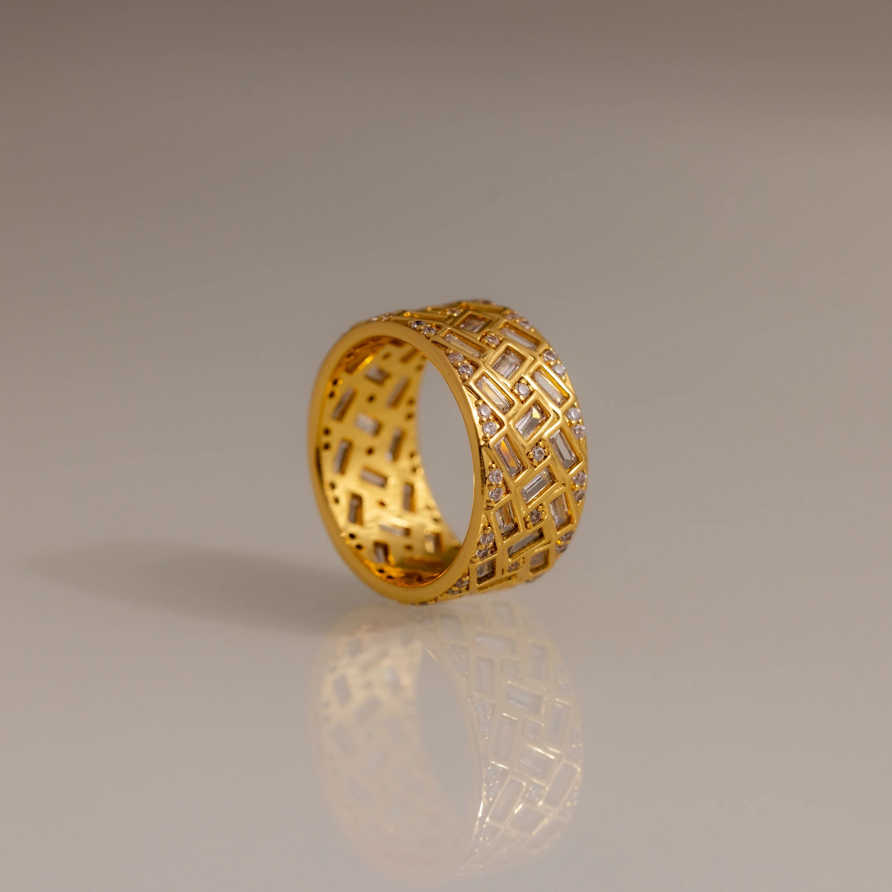 Round & Baguette Diamond Ring Silver 18K Gold Plated