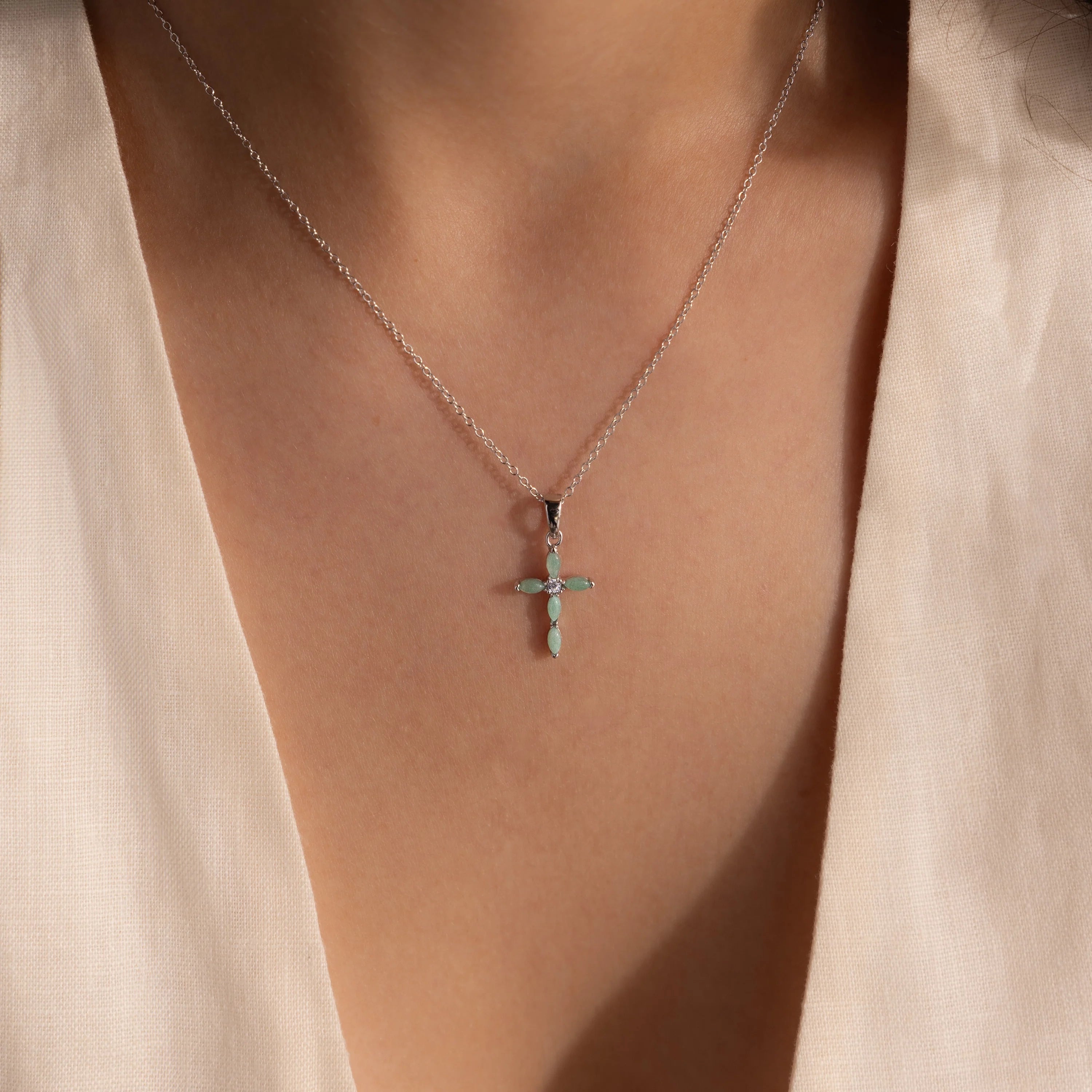 Marquise Jade Cross Necklace Silver 18K Gold Plated