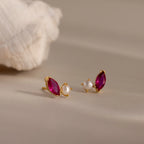 Marquise Ruby & Pearl Studs Silver 18K Gold Plated