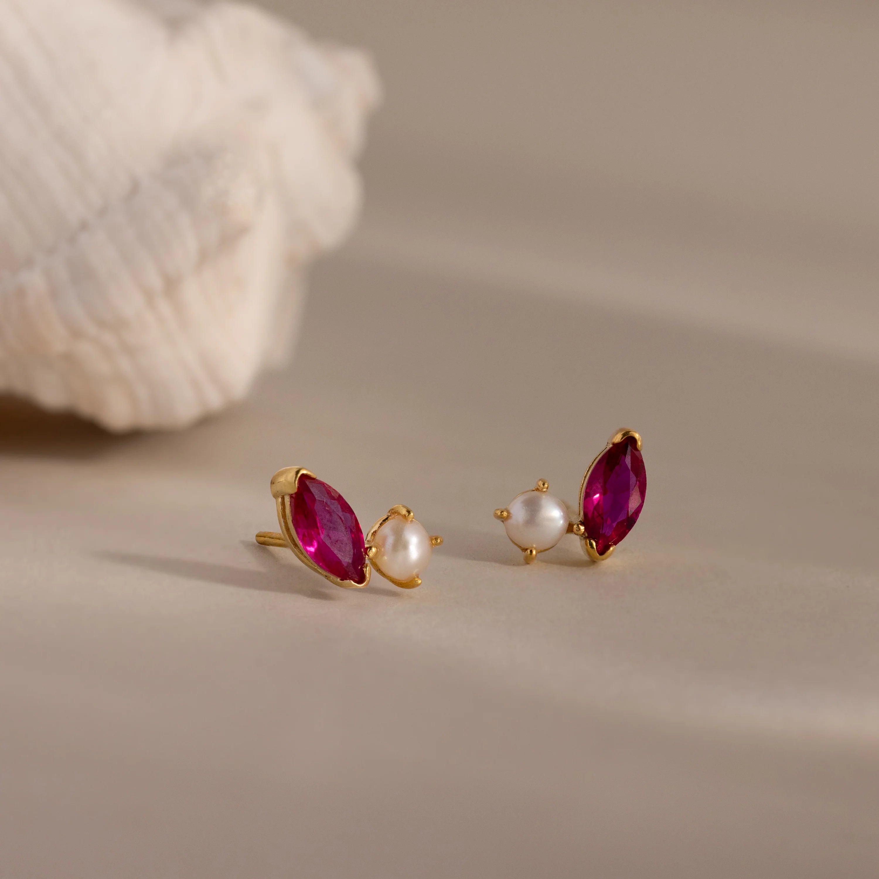 Marquise Ruby & Pearl Studs Silver 18K Gold Plated