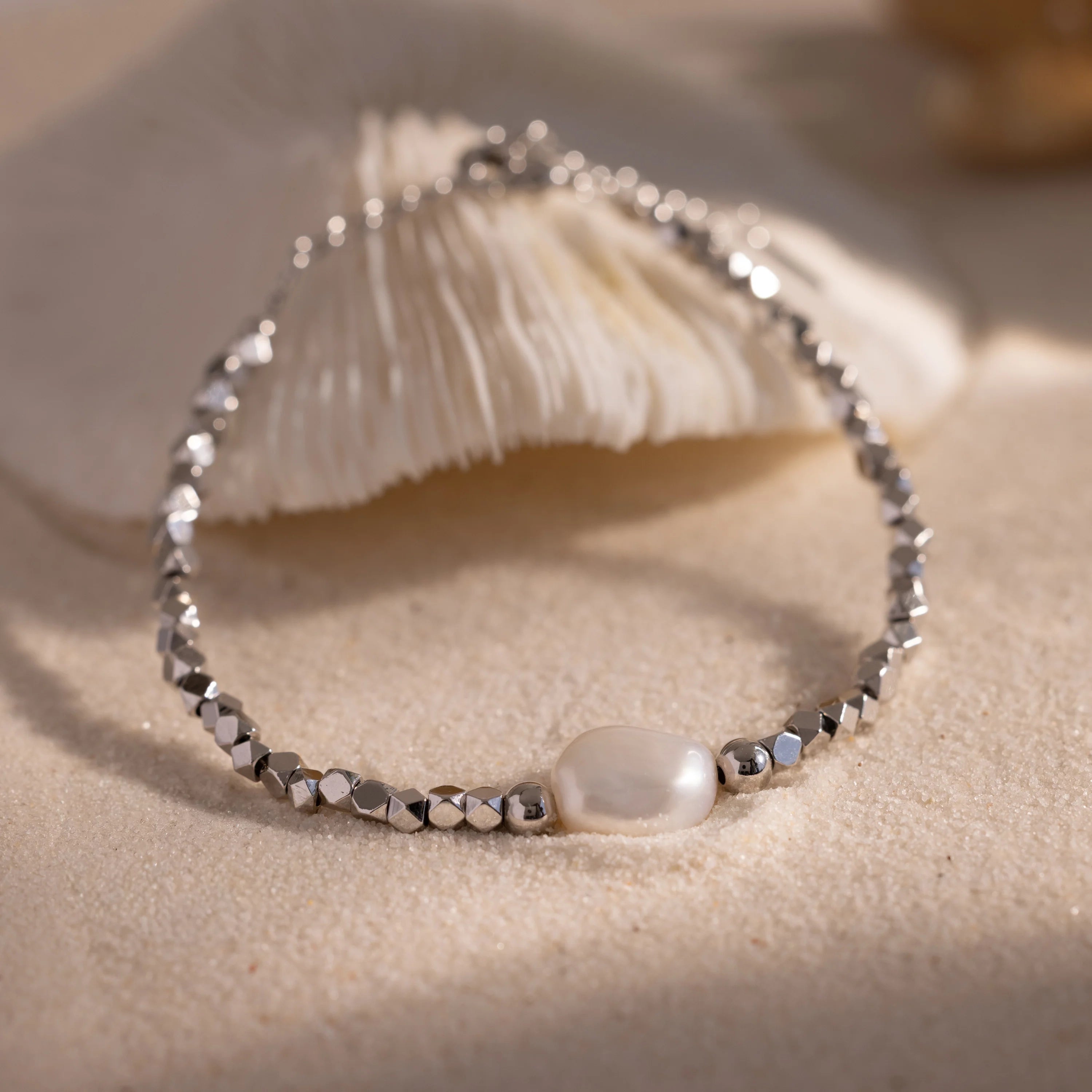 Pearl Charm Beaded Bracelet Silver 18K Gold Plated