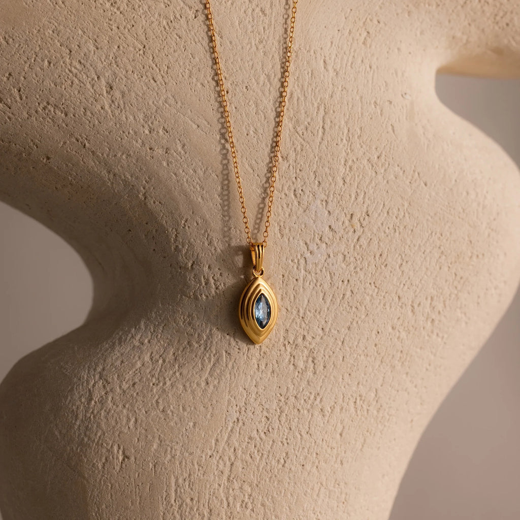 Ribbed Aquamarine Pendant Necklace Silver 18K Gold Plated