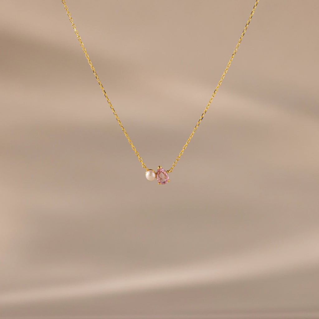 Teardrop Pink Tourmaline & Pearl Necklace Silver 18K Gold Plated