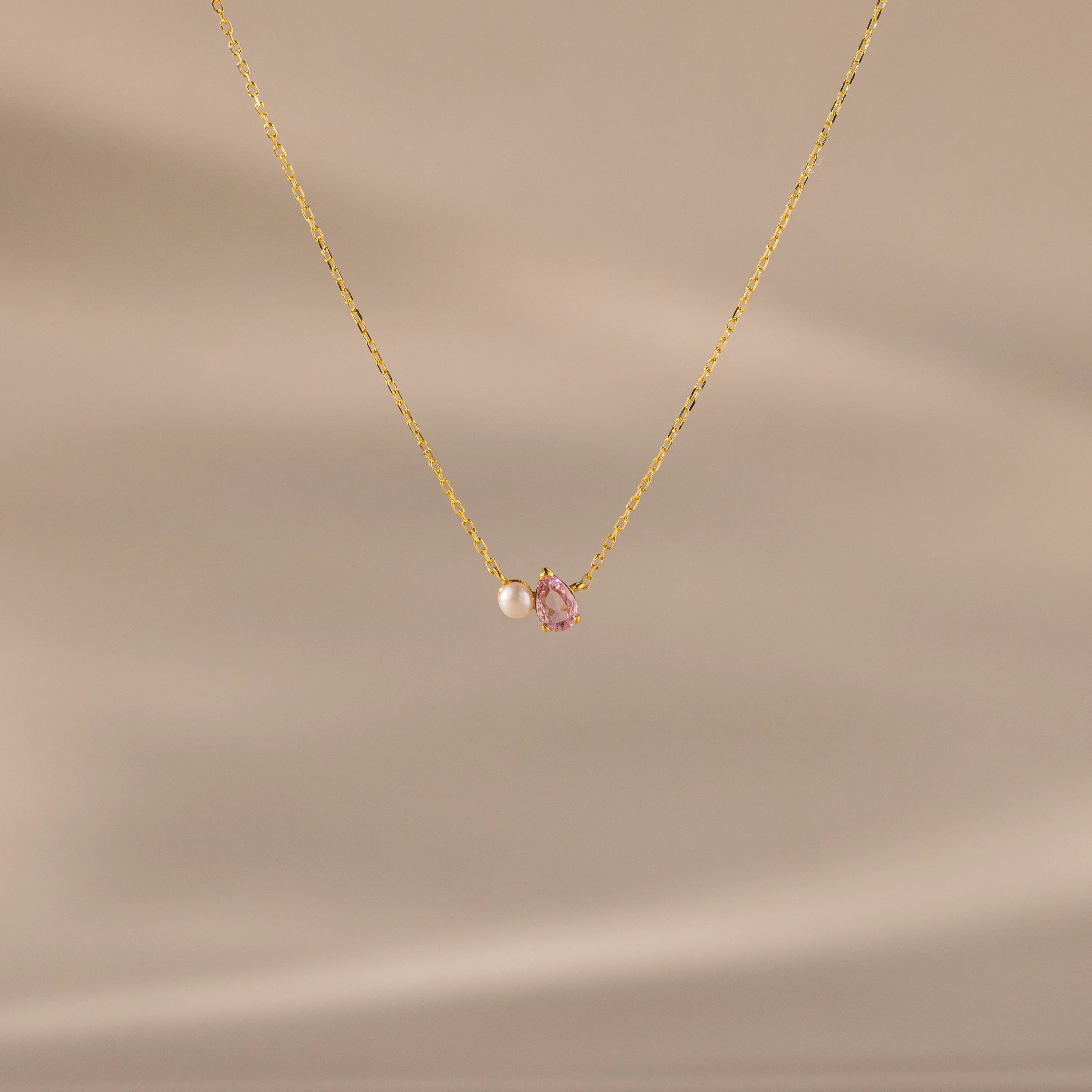 Teardrop Pink Tourmaline & Pearl Necklace Silver 18K Gold Plated