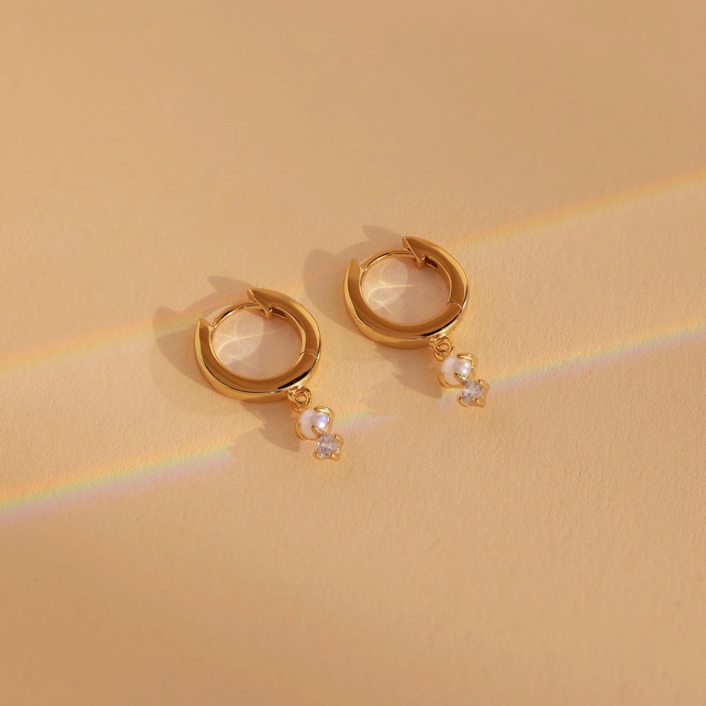 Dangling Pearl Diamond Huggies Silver 18K Gold Plated