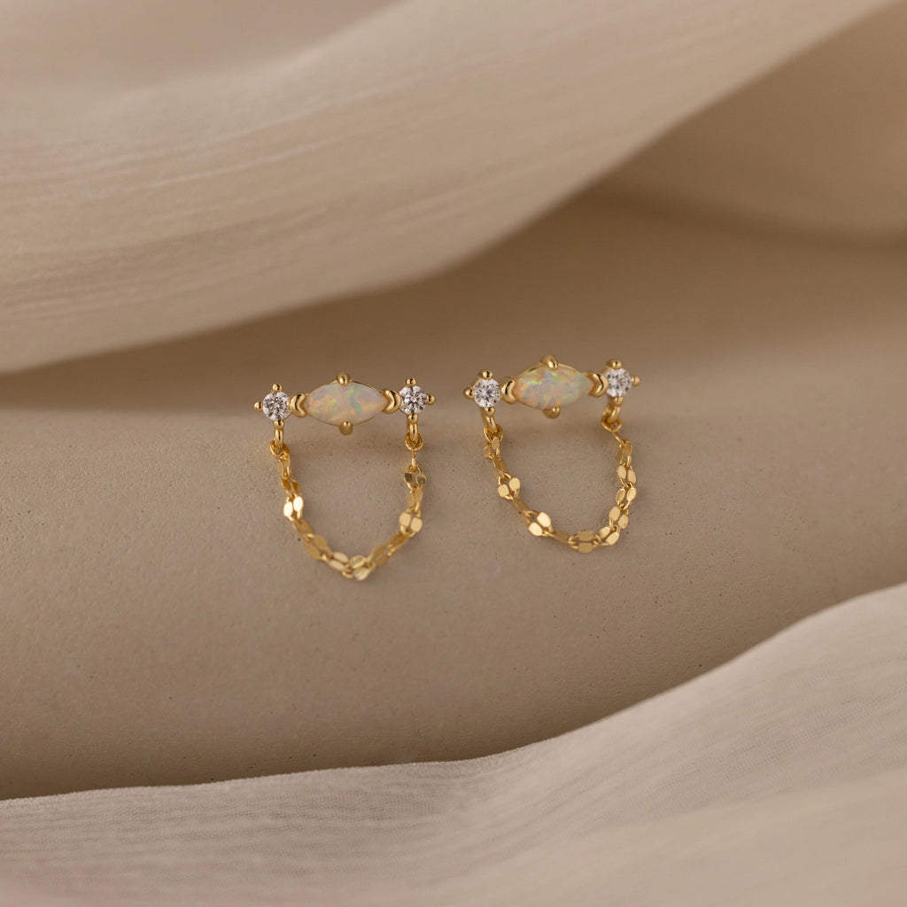 Opal & Diamond Chain Studs Silver 18K Gold Plated