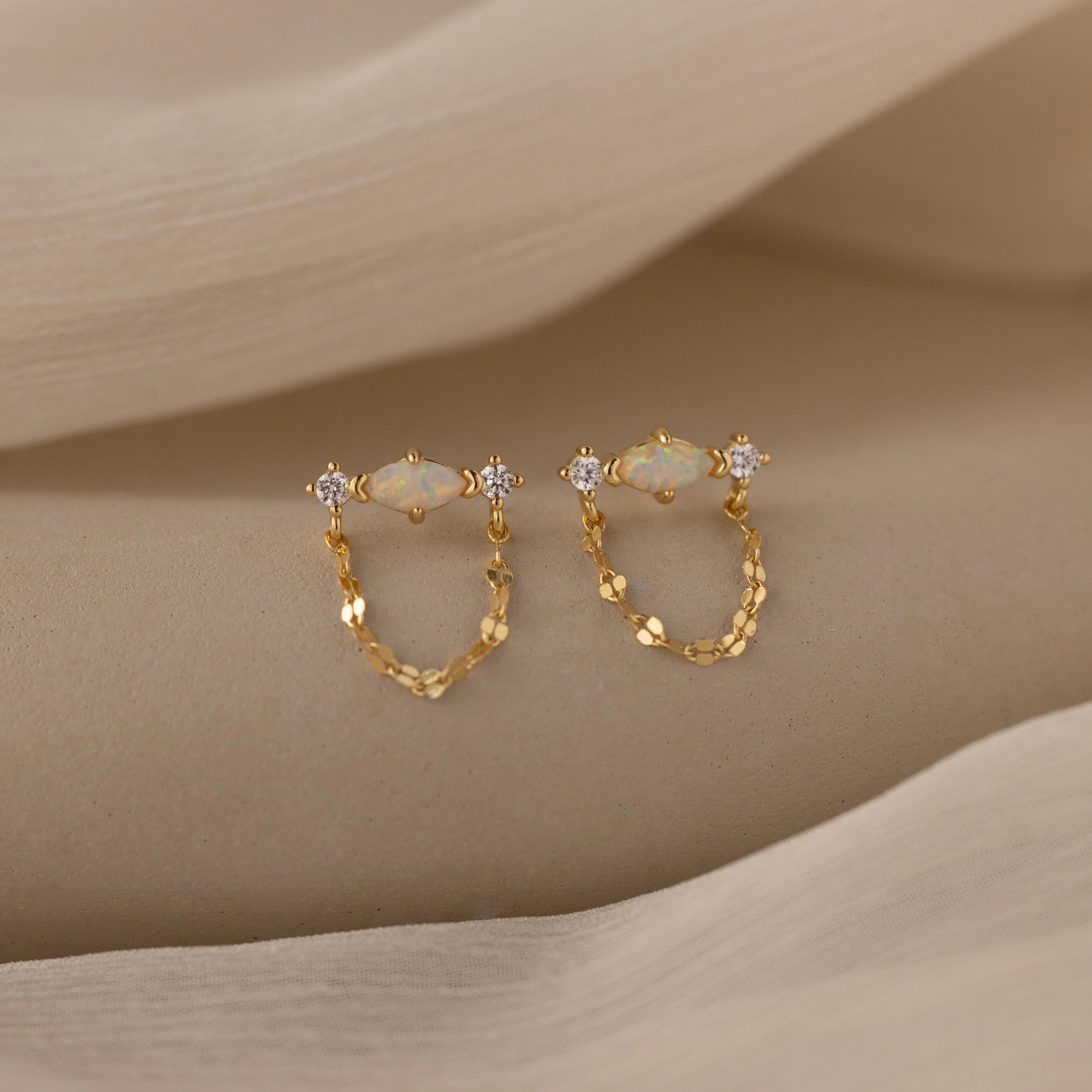 Opal & Diamond Chain Studs Silver 18K Gold Plated