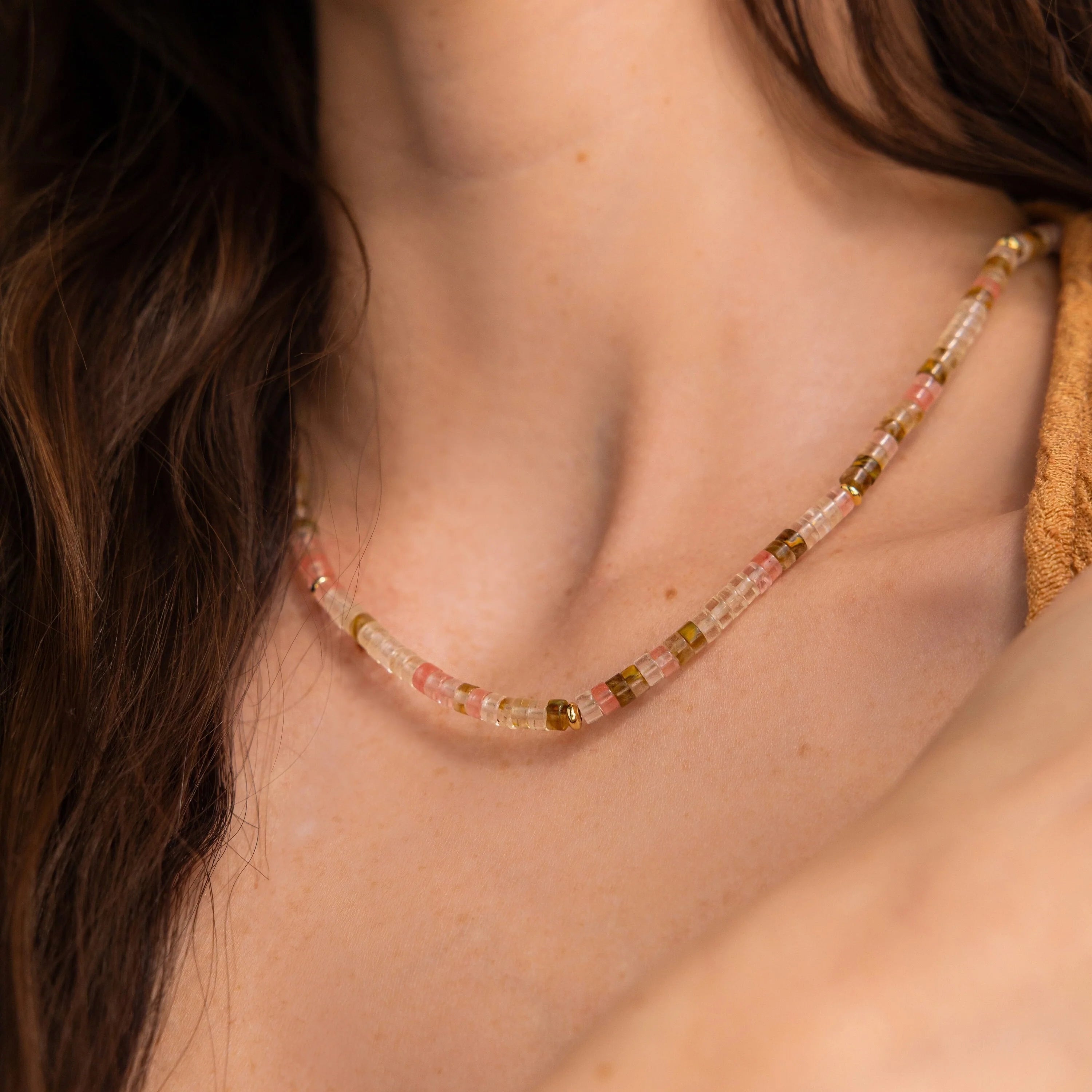 Rose Quartz Beaded Necklace Silver 18K Gold Plated