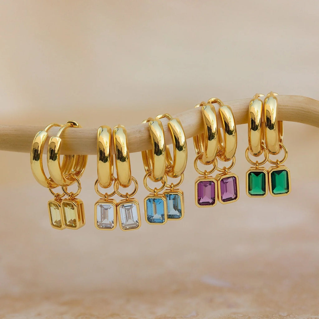 Dangling Emerald Birthstone Hoops Silver 18K Gold Plated