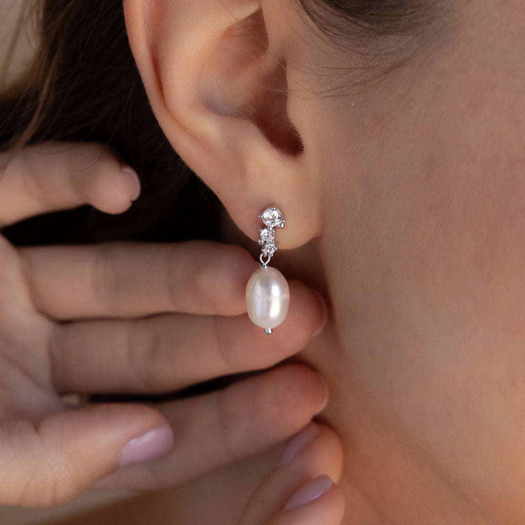 Diamond Pearl Drop Earrings Silver 18K Gold Plated