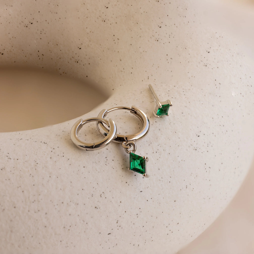 Emerald Earrings Set Silver 18K Gold Plated