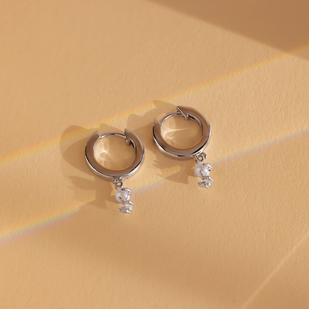Dangling Pearl Diamond Huggies Silver 18K Gold Plated