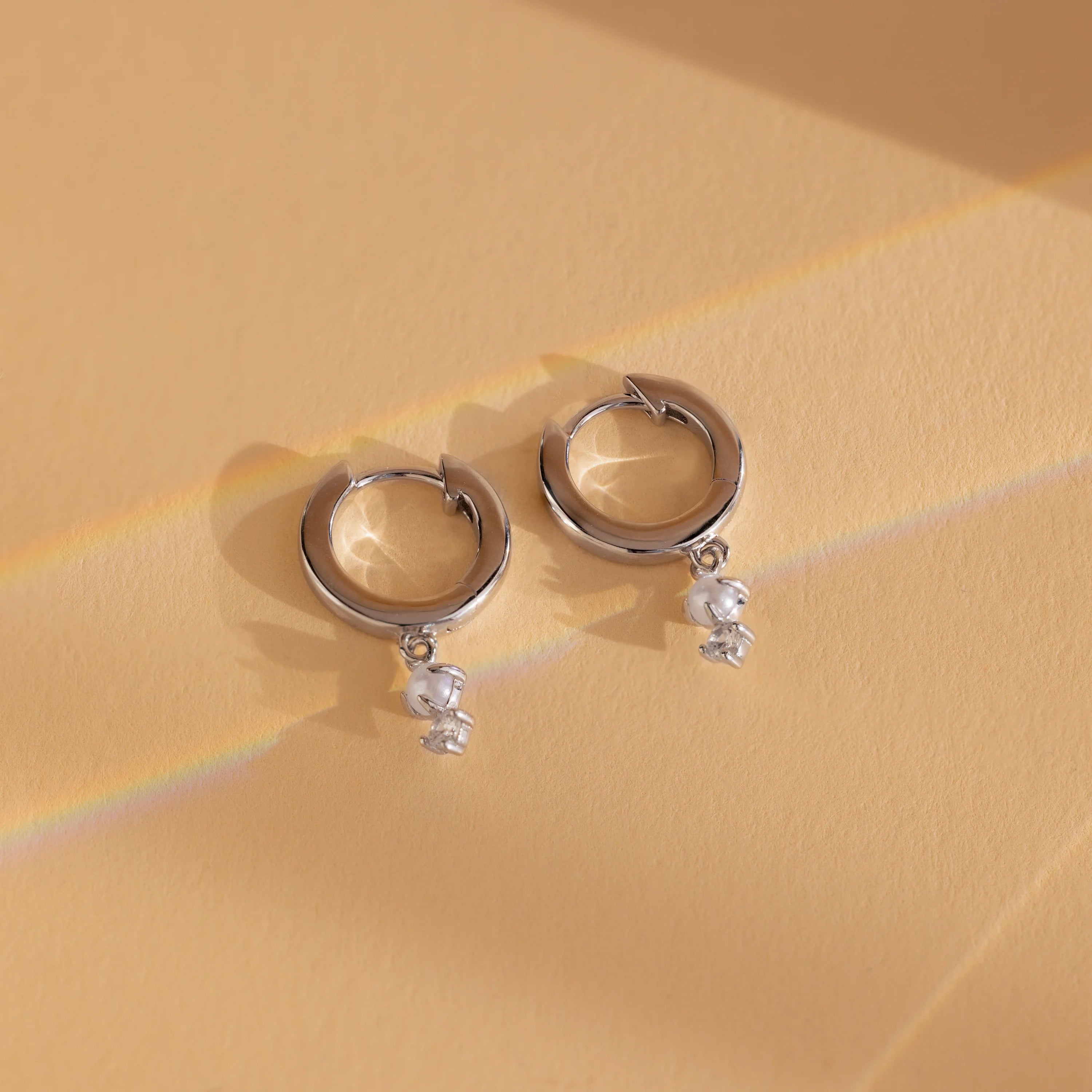 Dangling Pearl Diamond Huggies Silver 18K Gold Plated