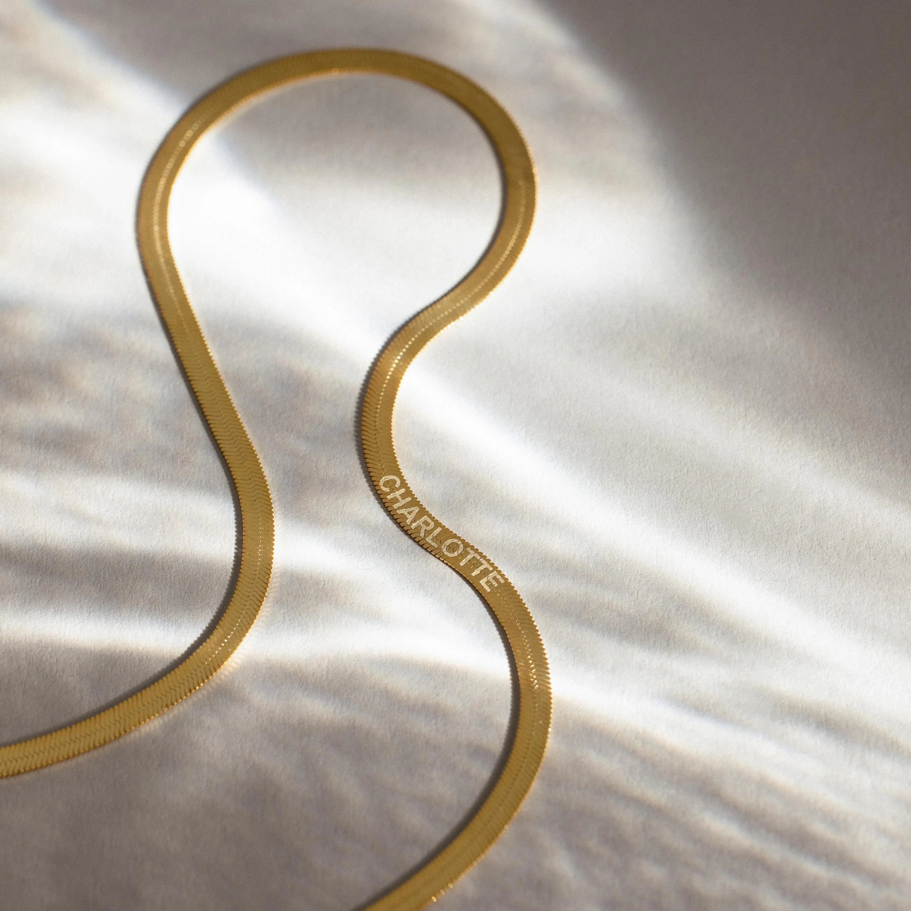 Engraved Herringbone Chain Necklace Silver 18K Gold Plated