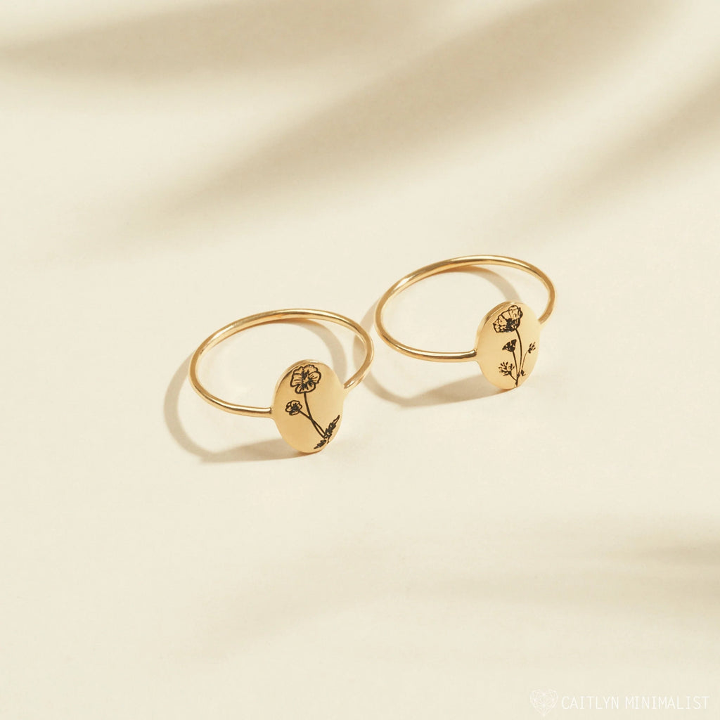 Birth Flower Oval Ring Silver 18K Gold Plated