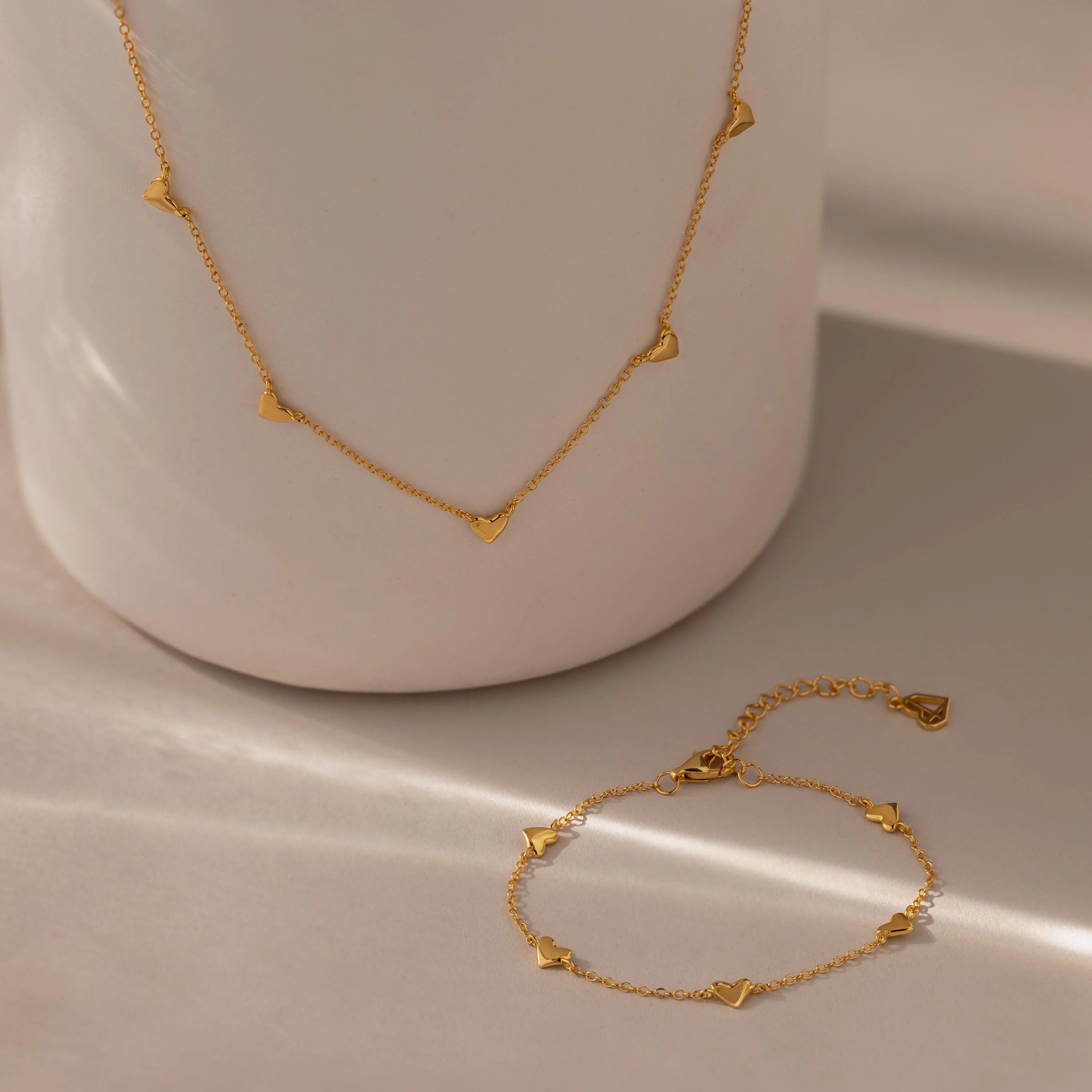 Heart Station Necklace & Bracelet Set Silver 18K Gold Plated