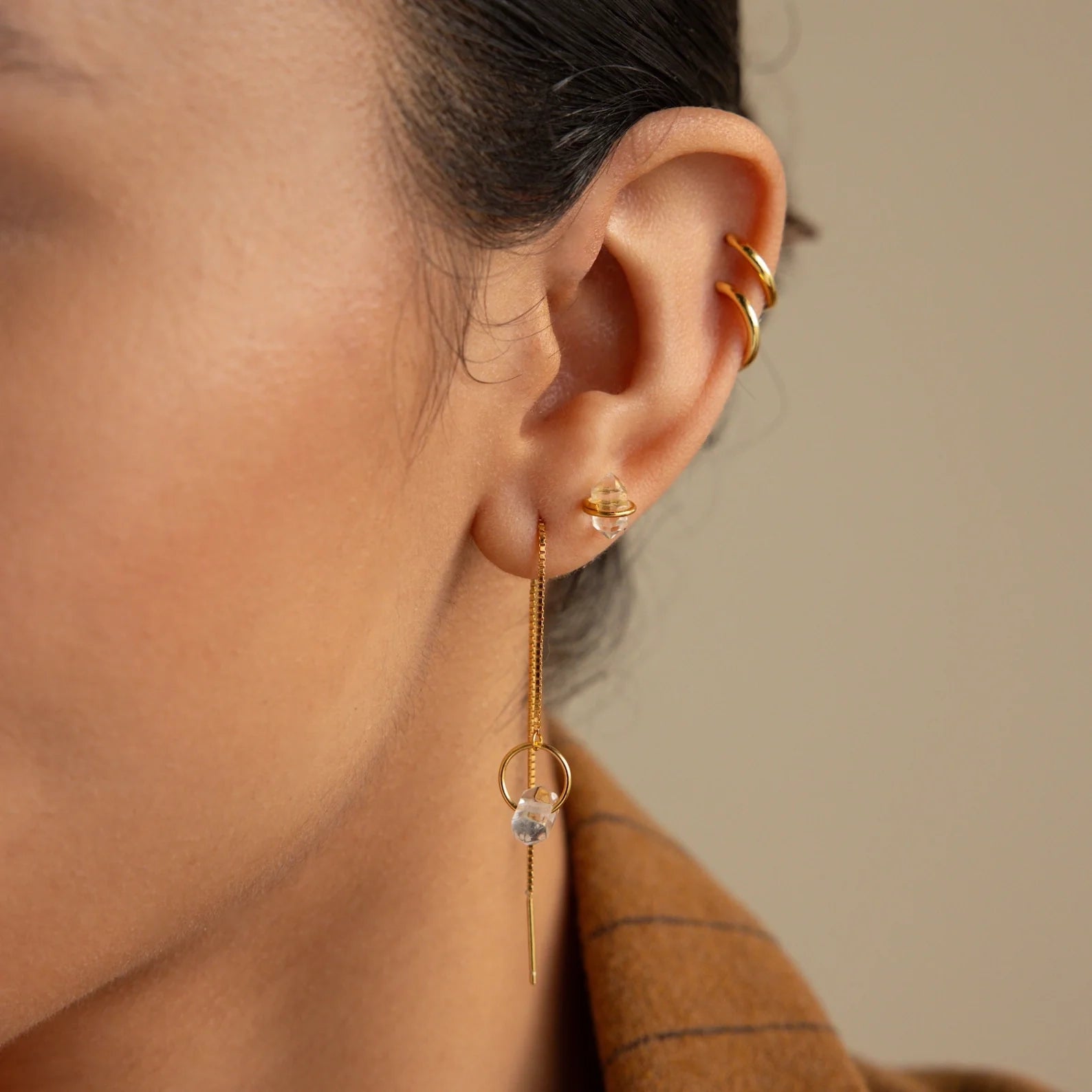 Herkimer Diamond Threader Earrings Silver 18K Gold Plated