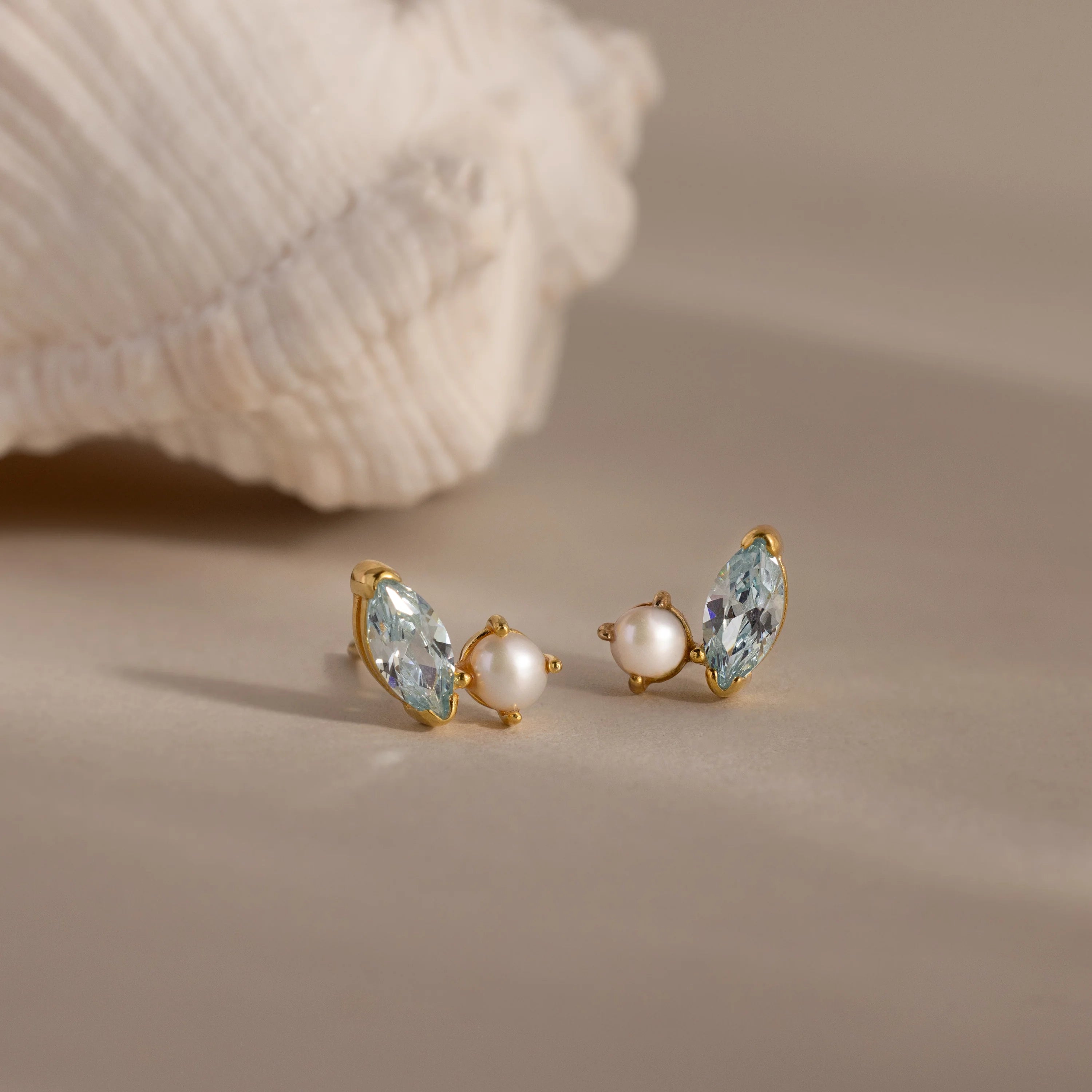 Aquamarine Marquise Pearl Studs Silver 18K Gold Plated