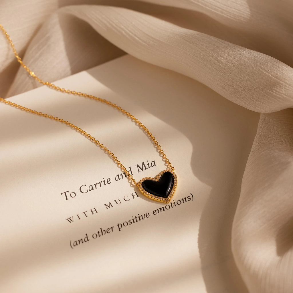 Diamond Onyx Puff Heart Necklace Silver 18K Gold Plated